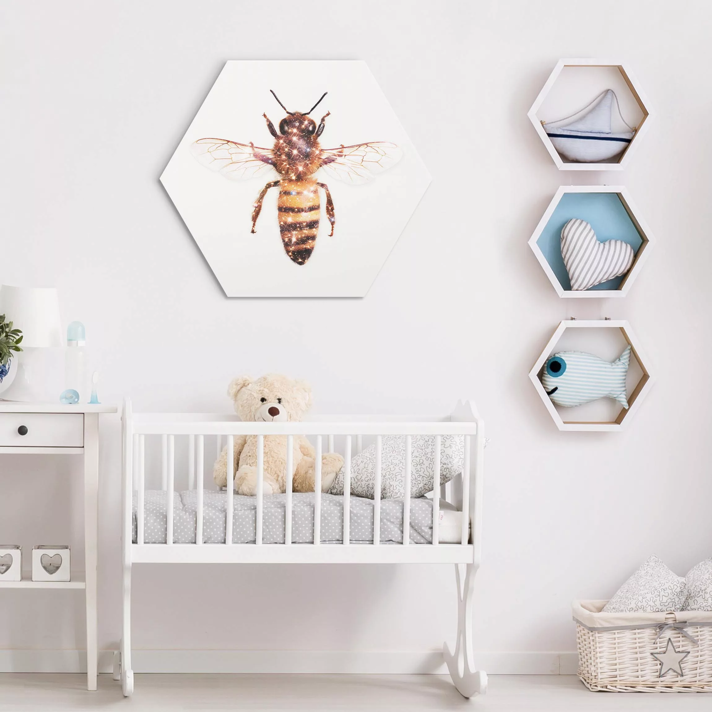 Hexagon-Alu-Dibond Bild Biene mit Glitzer günstig online kaufen