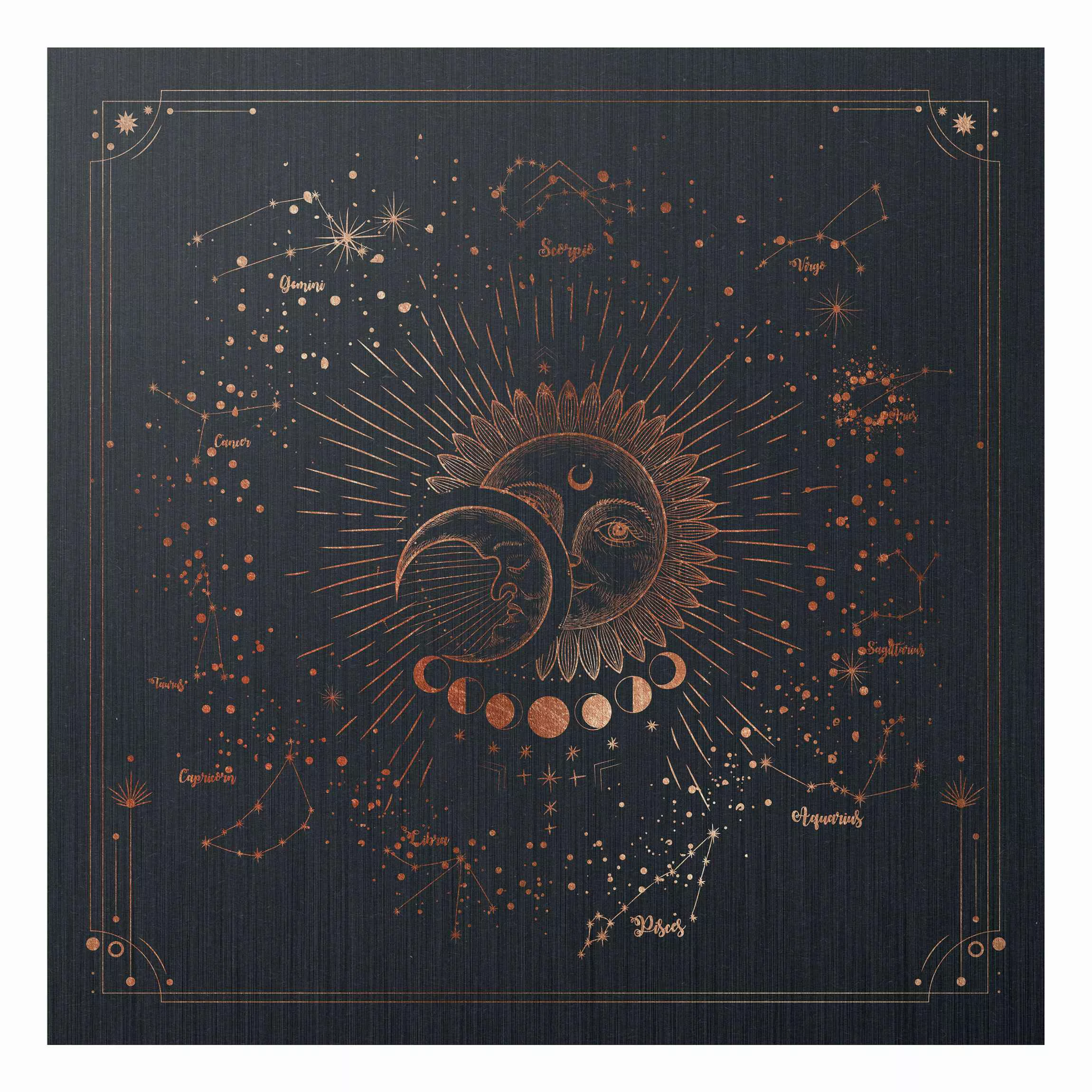 Alu-Dibond Bild Astrologie Sonne Mond und Sterne Blau Gold günstig online kaufen