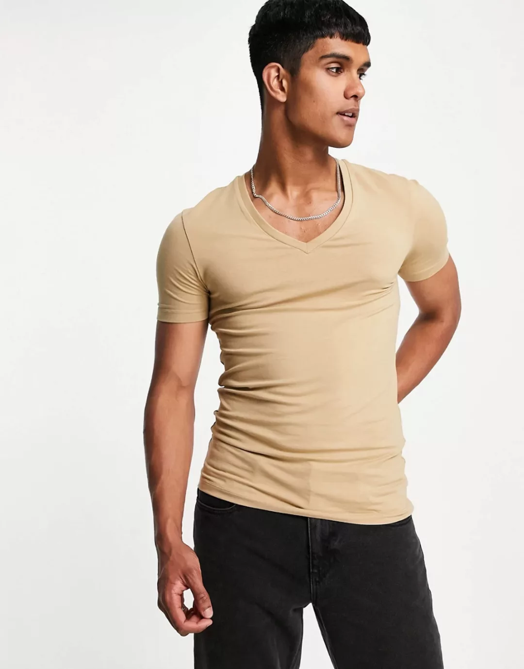 ASOS DESIGN – Muskelshirt aus Baumwolle mit tiefem V-Ausschnitt in Beige-Ne günstig online kaufen