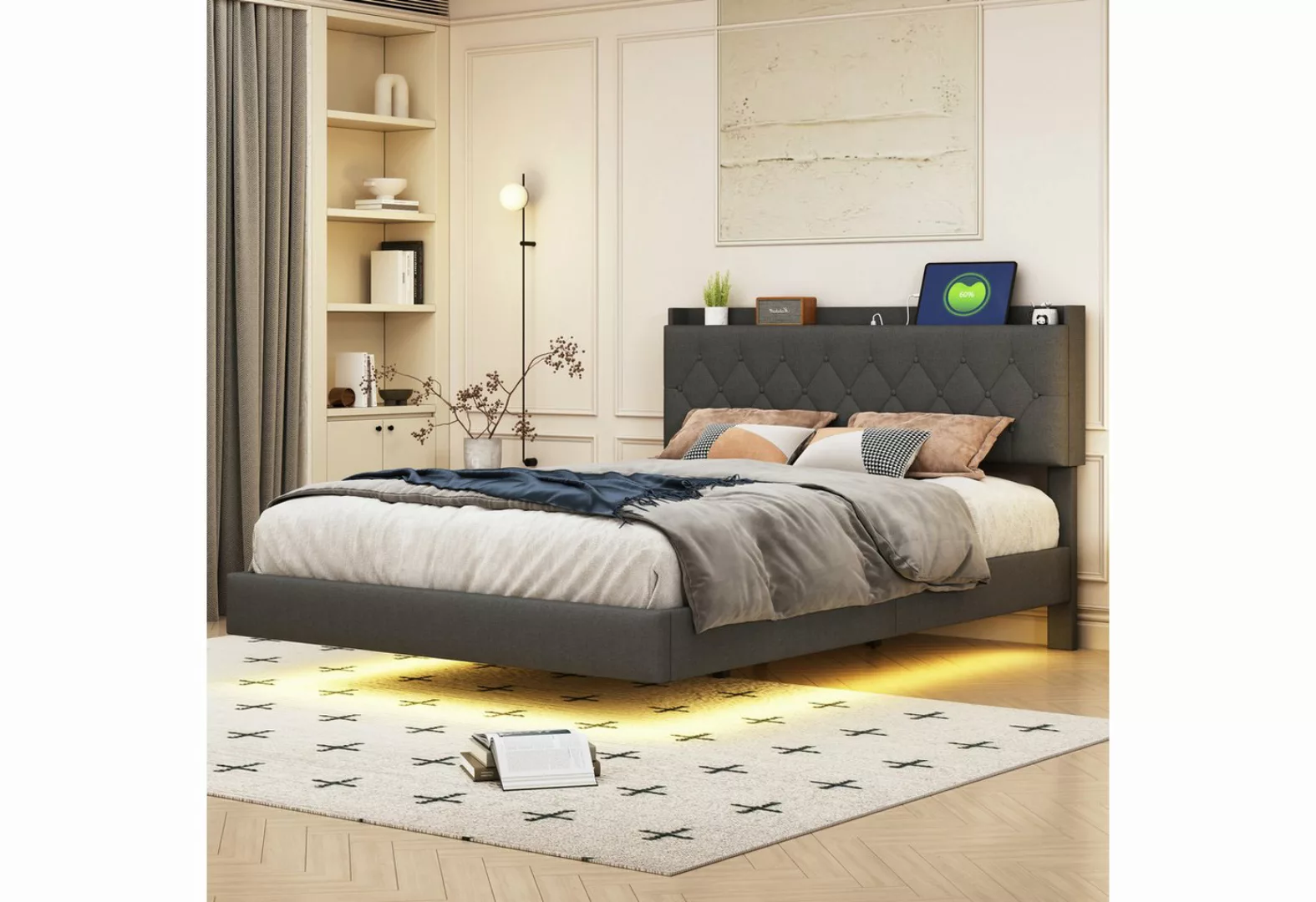 Flieks Polsterbett, LED Doppelbett 140x200cm mit Ladeanschluss und Stauraum günstig online kaufen