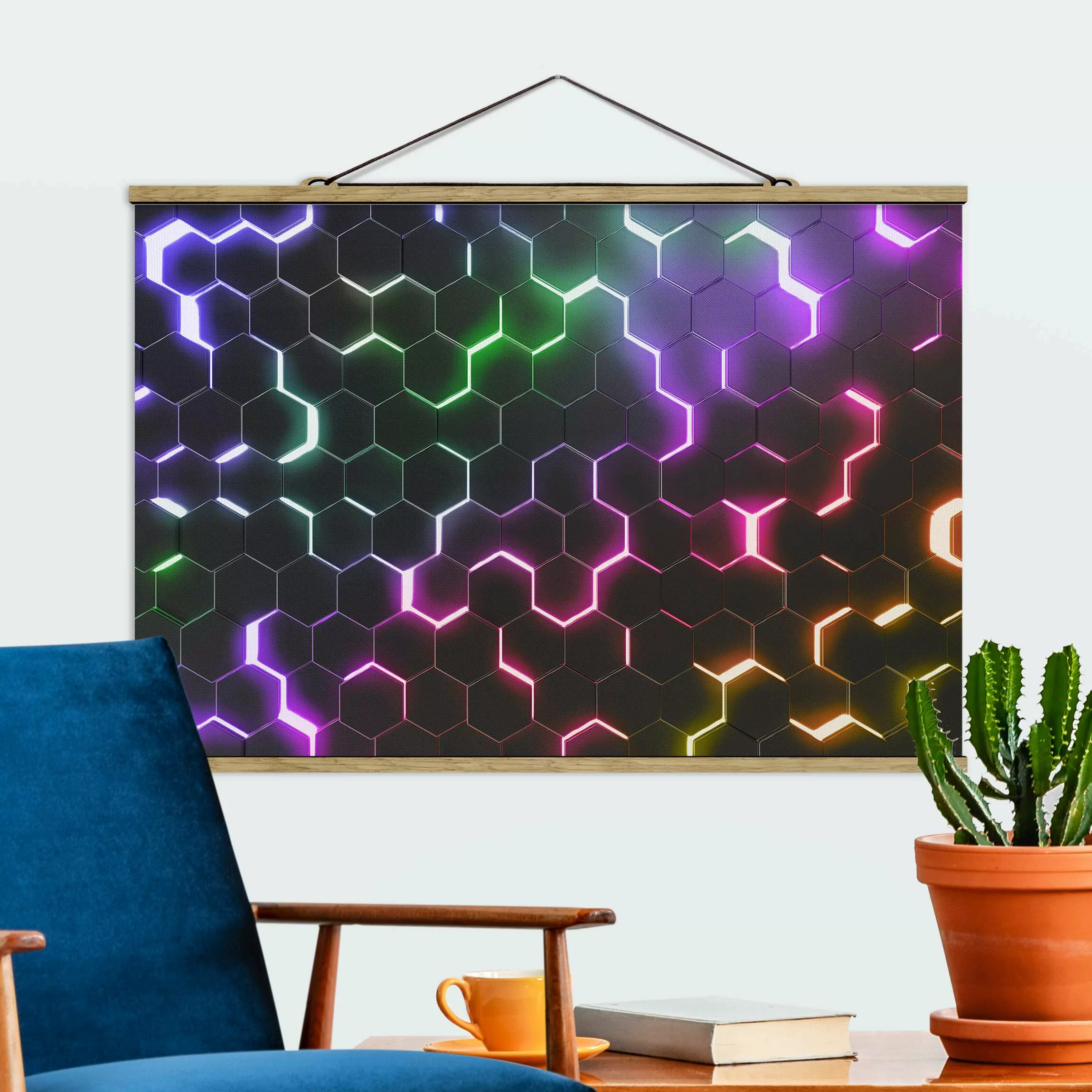 Stoffbild mit Posterleisten Strukturierte Hexagone mit Neonlicht günstig online kaufen