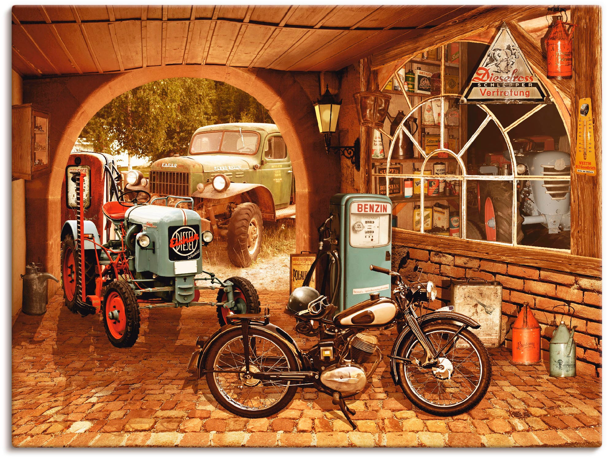 Artland Wandbild »Werkstatt mit Traktor und Motorrad«, Traktoren, (1 St.), günstig online kaufen