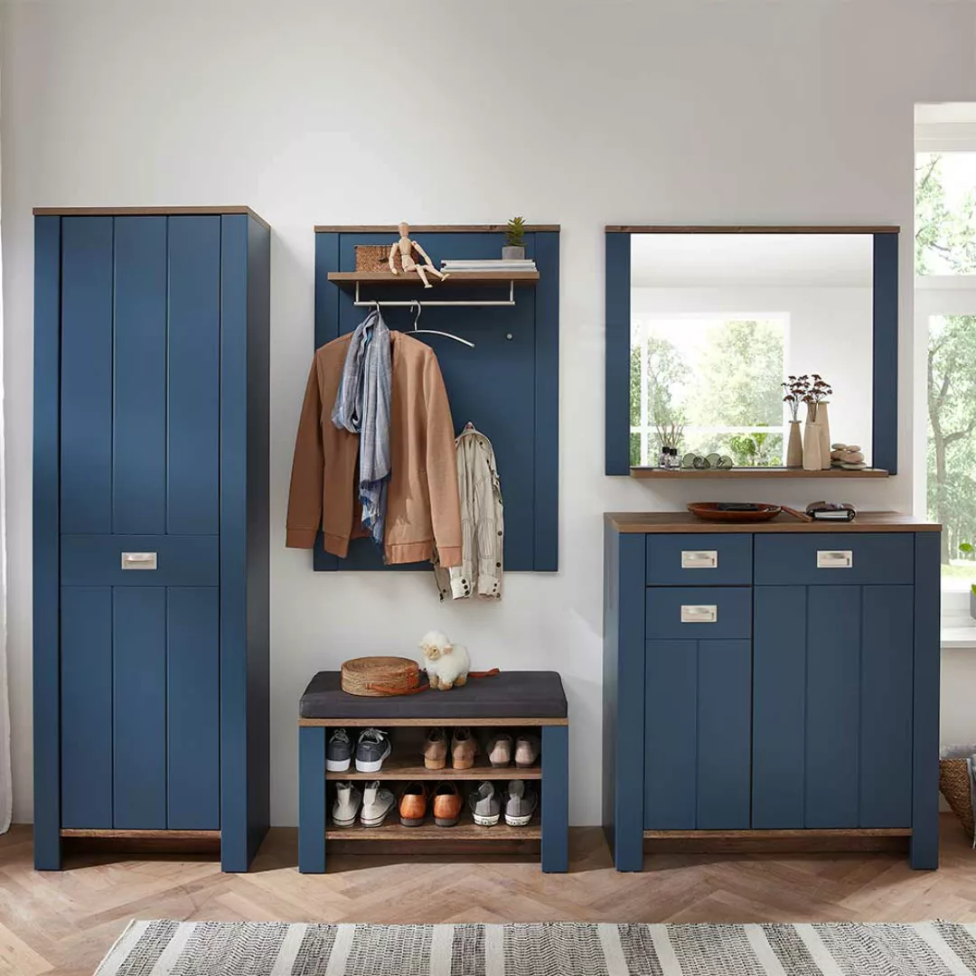 Garderobenmöbel mit Spiegel in Blau Eiche dunkel (fünfteilig) günstig online kaufen