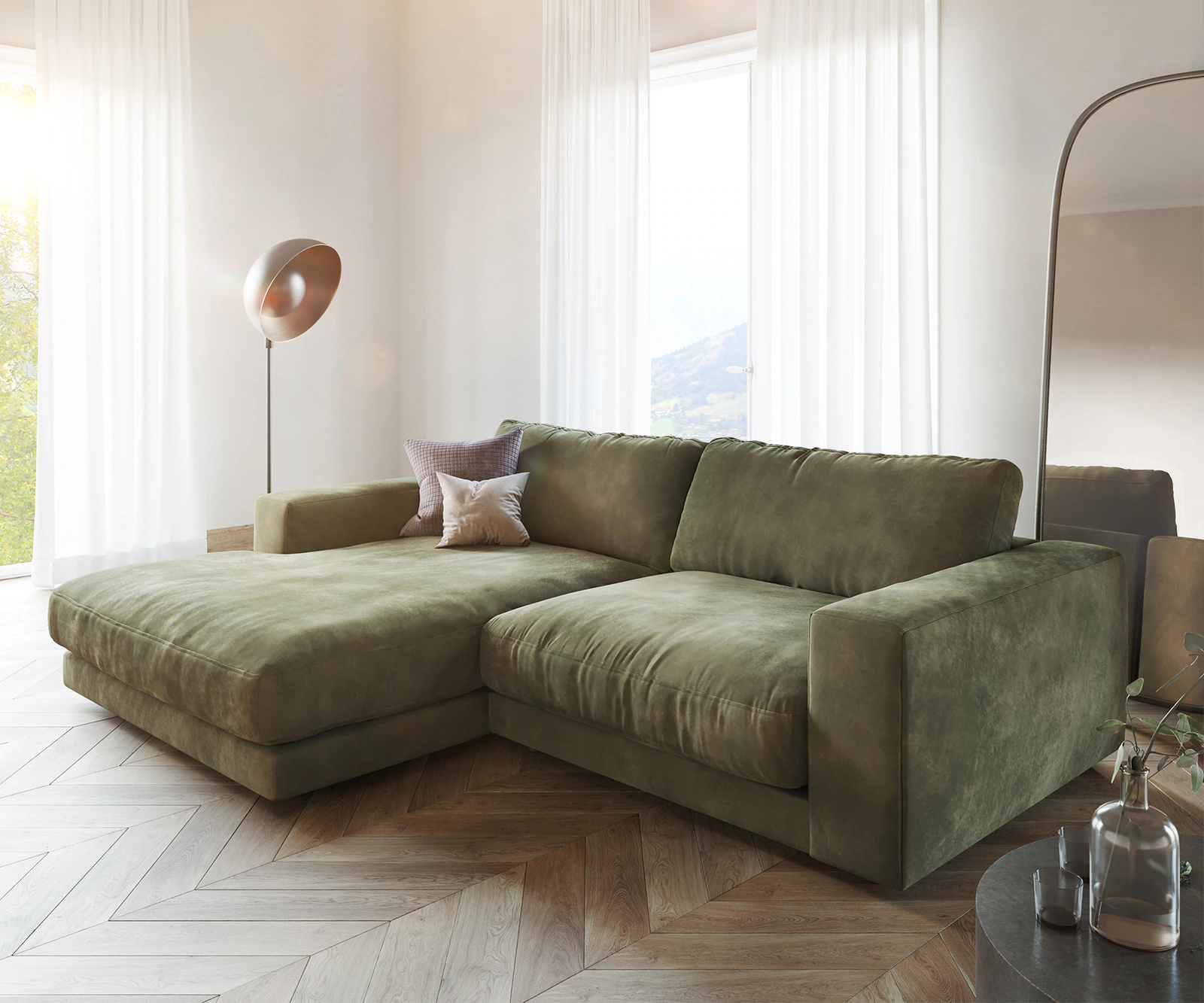 DELIFE Ecksofa Cubico, Samt Olive 250x190 cm Recamiere links Ecksofa günstig online kaufen