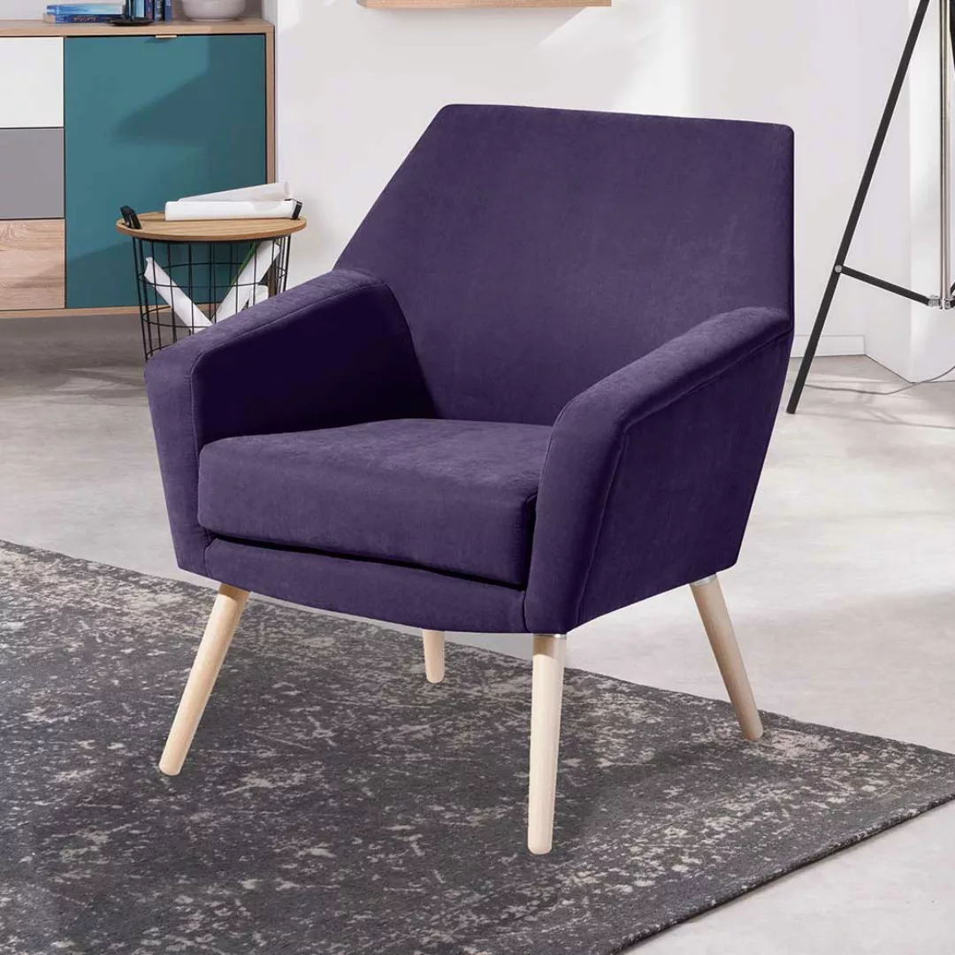 Einzelsessel Violett Retro aus Velours Buche Massivholz günstig online kaufen