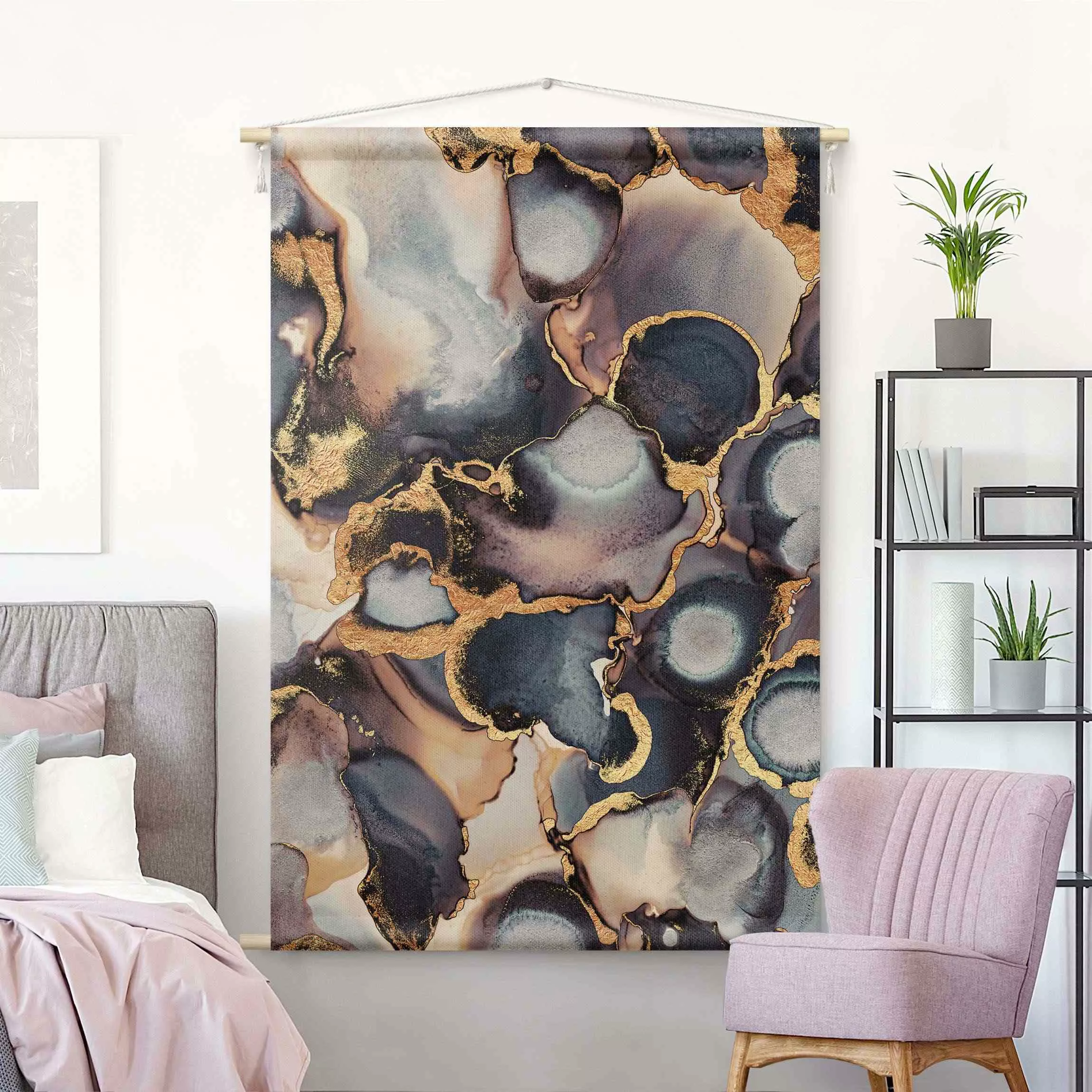 Wandteppich Marmor Aquarell mit Gold günstig online kaufen