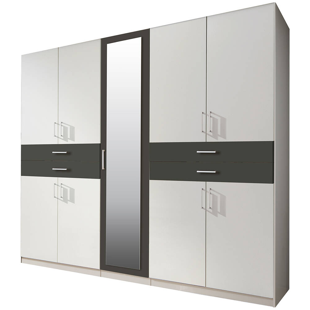 Kleiderschrank mit Spiegel, 225 cm breit modern in weiß mit graphit TREVISO günstig online kaufen