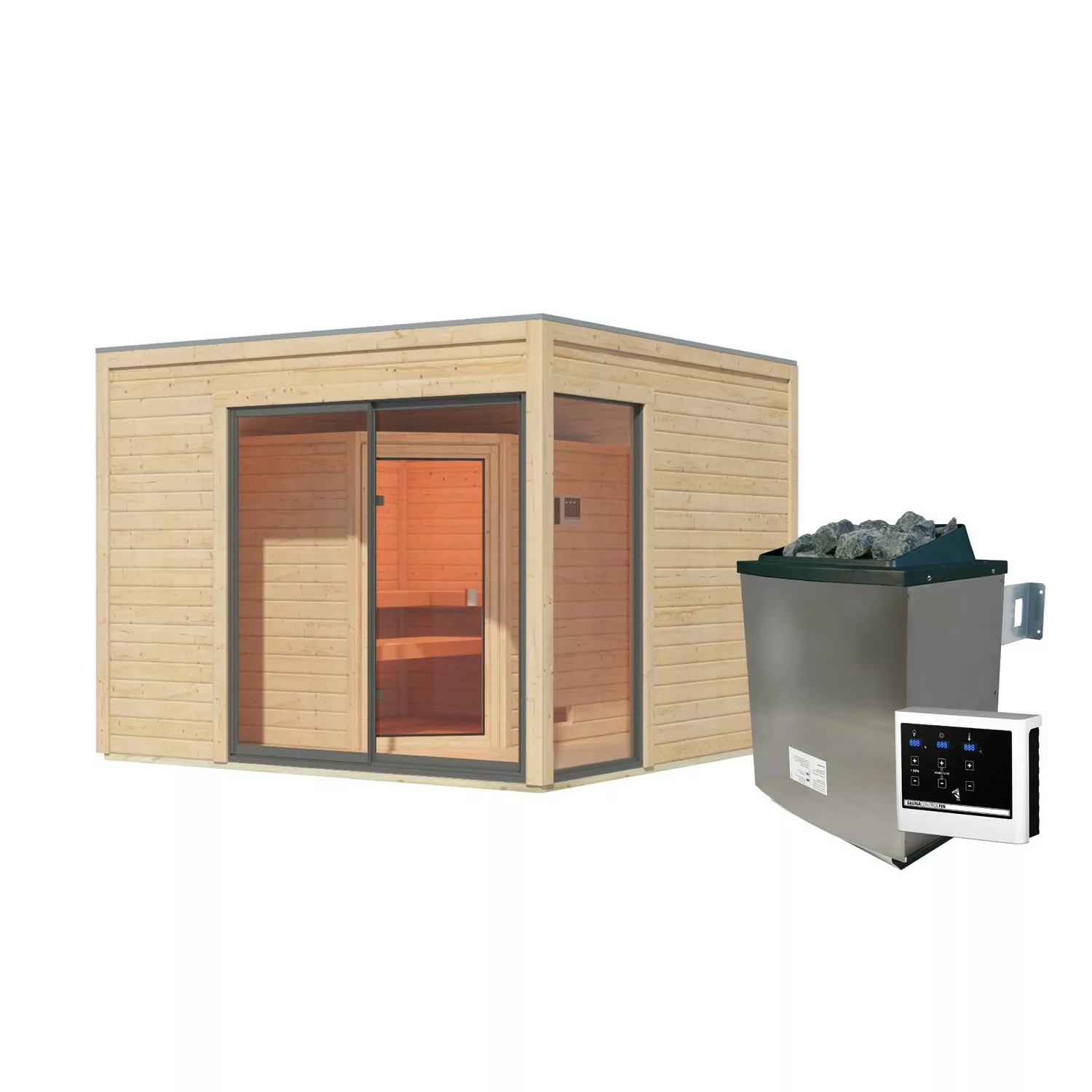 Karibu Saunahaus Cubulis 1 Var. B Naturbelassen mit Ofen 9 kW ext. Steuerun günstig online kaufen