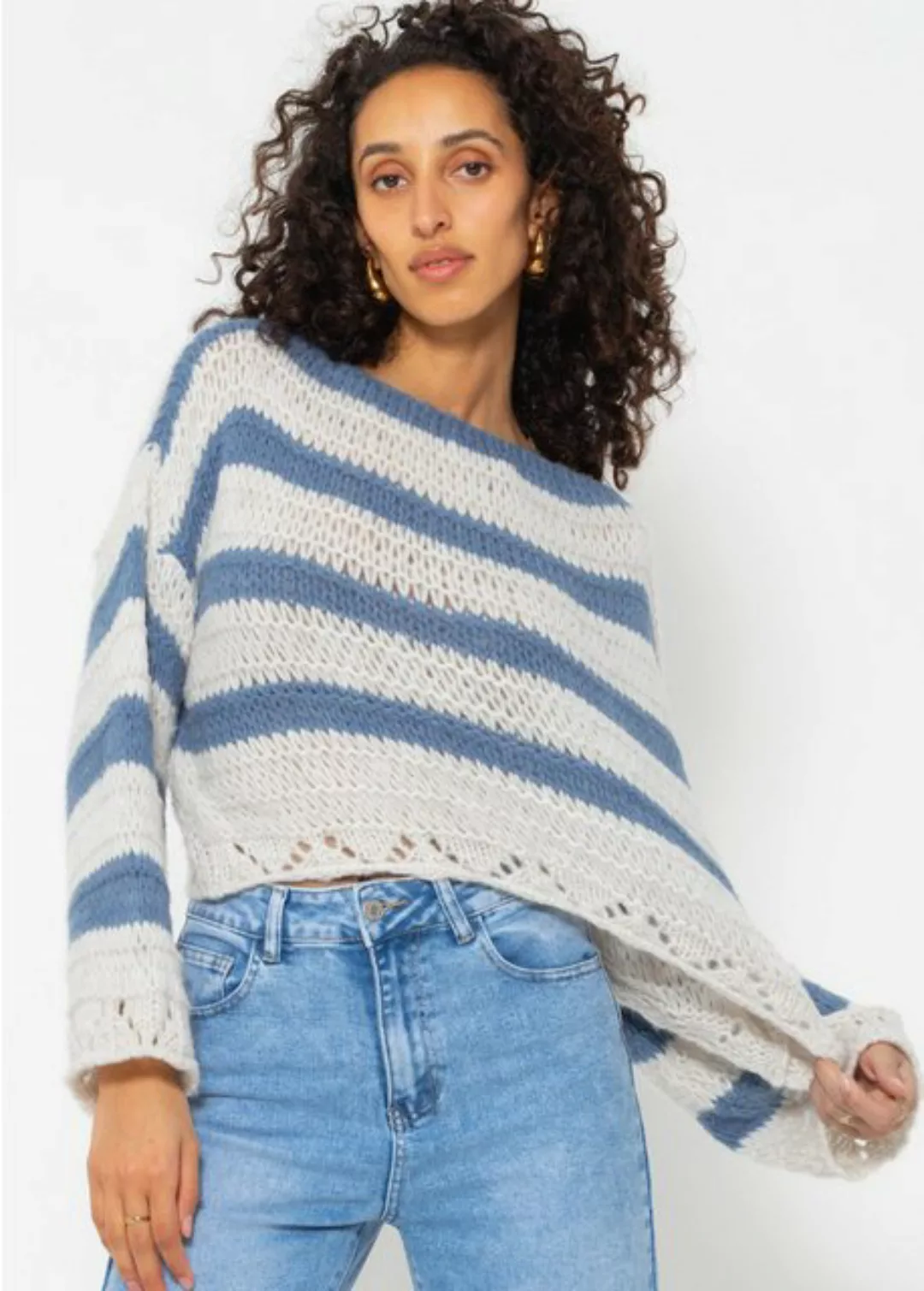 SASSYCLASSY Strickpullover Oversize Pullover mit Streifen Grobstrickpullove günstig online kaufen