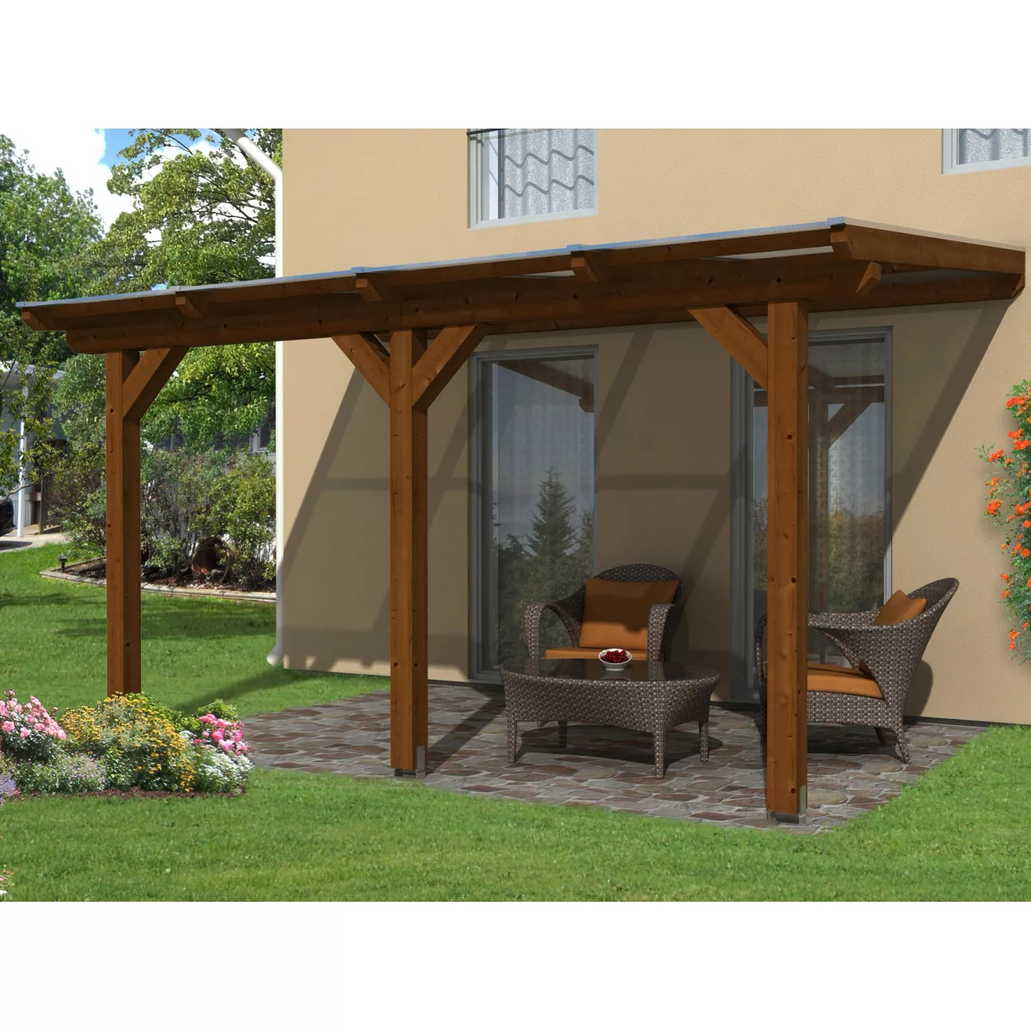 Skan Holz Terrassenüberdachung Andria 434 x 350 cm Leimholz Nussbaum günstig online kaufen