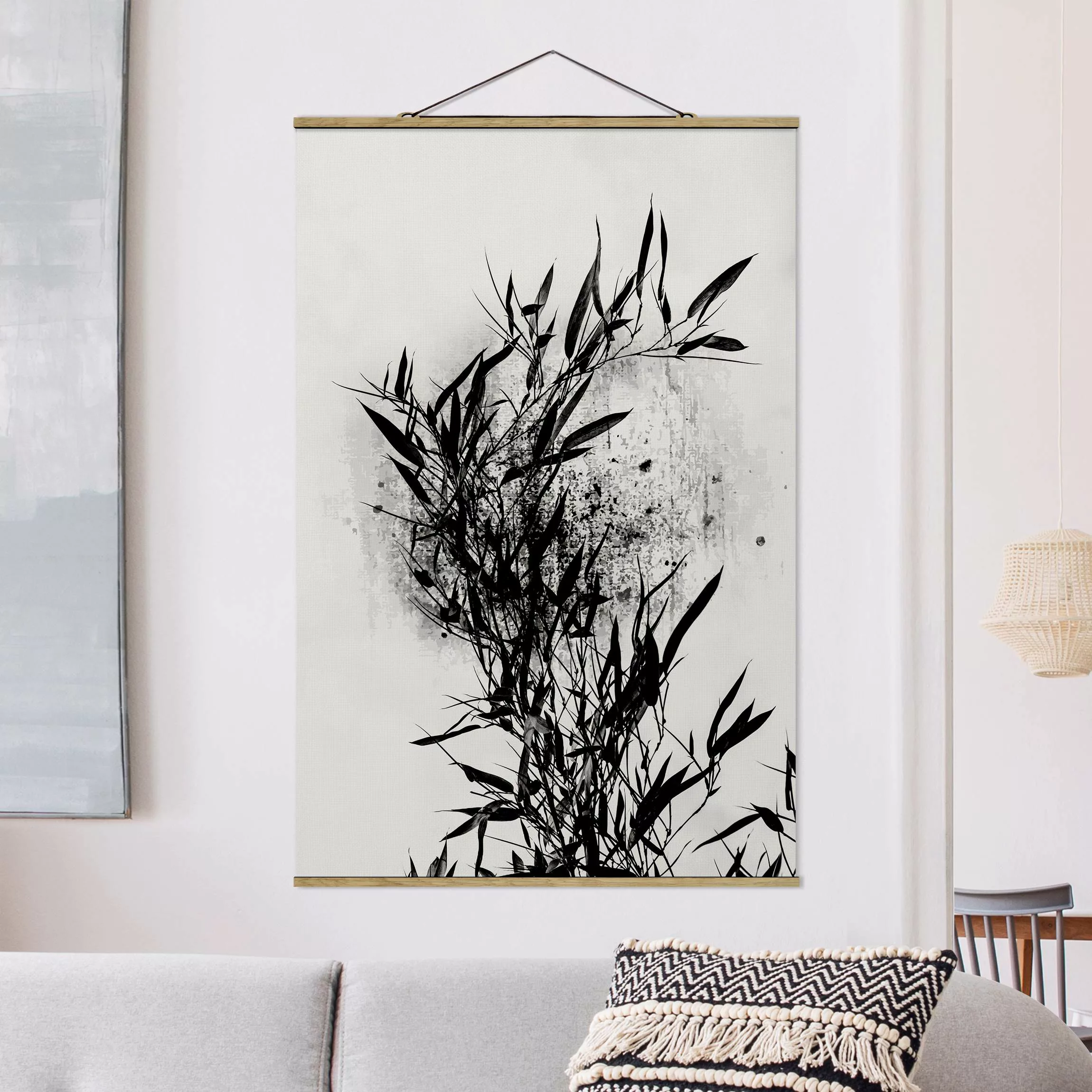 Stoffbild mit Posterleisten Grafische Pflanzenwelt - Schwarzer Bambus günstig online kaufen