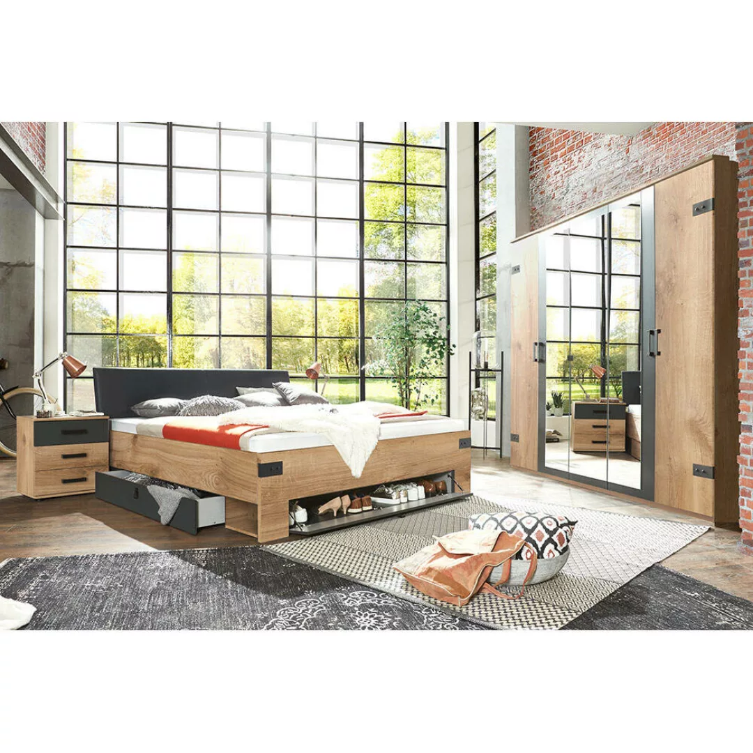 Schlafzimmer Set mit Kleiderschrank Spiegeltüren Eiche mit graphit Industri günstig online kaufen