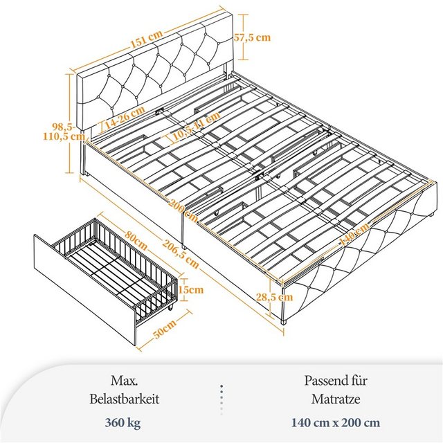 Yaheetech Polsterbett, 140 x 200 cm Doppelbett aus Kunstleder Bettrahmen Ge günstig online kaufen