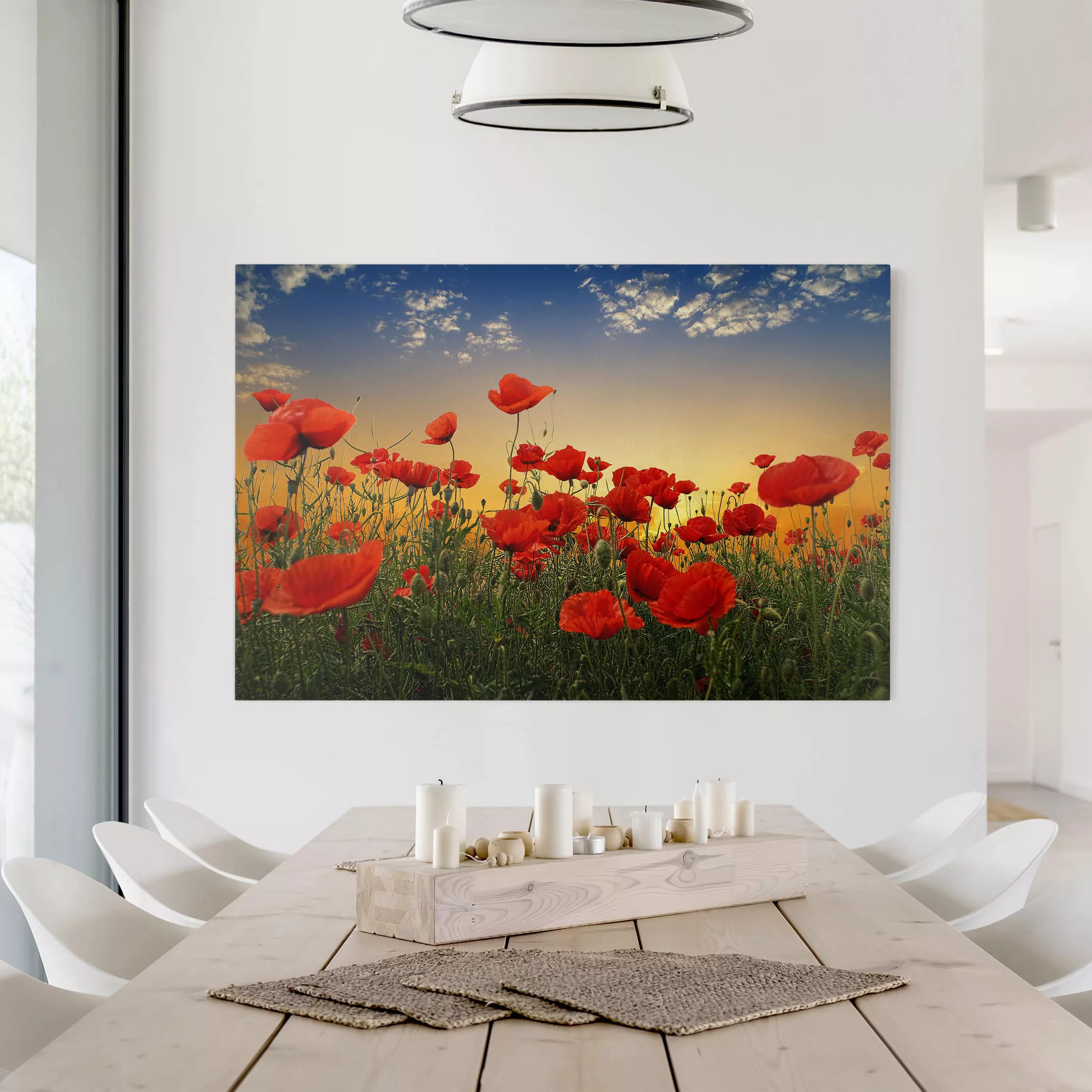 Leinwandbild Blumen - Querformat Mohnblumenfeld im Sonnenuntergang günstig online kaufen