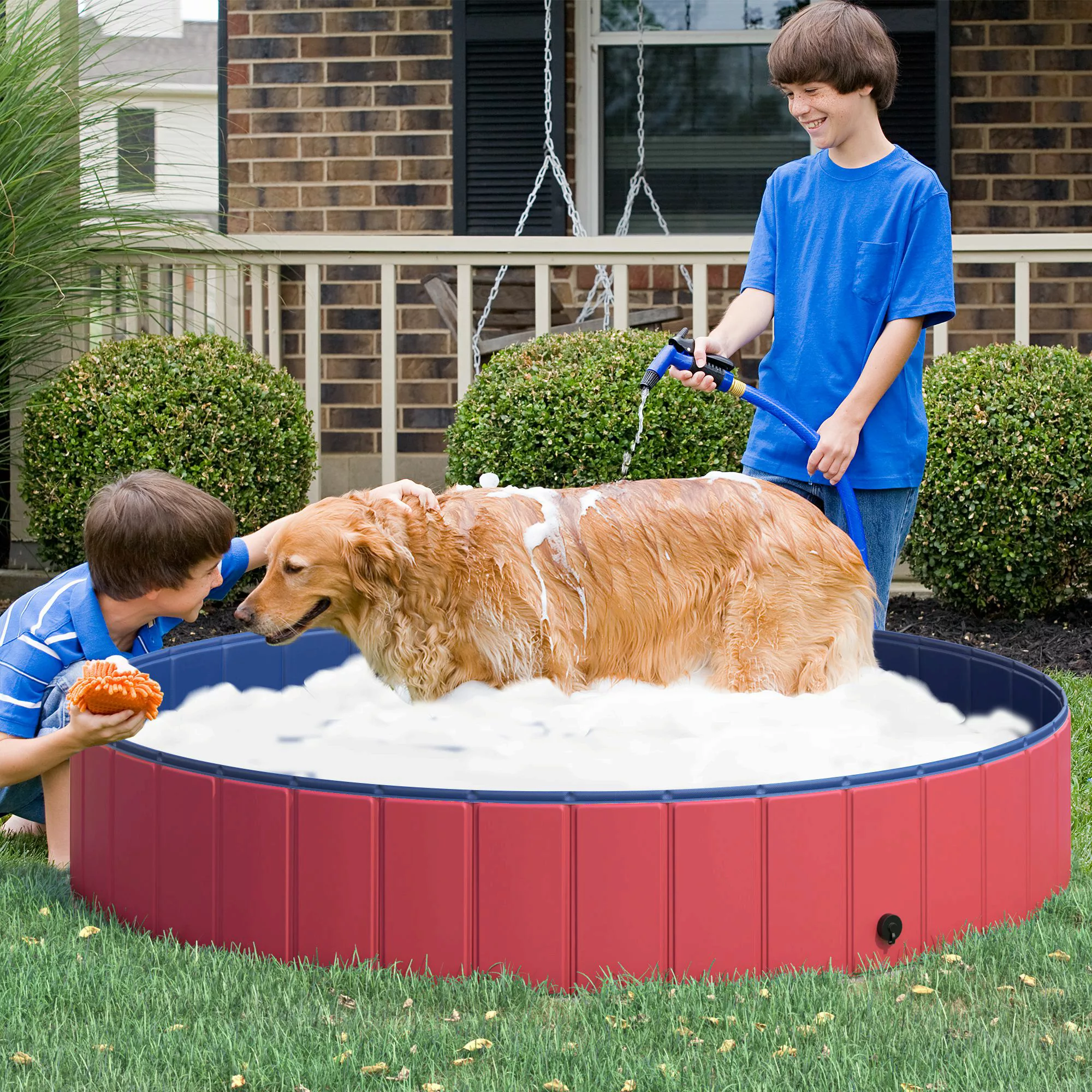 PawHut Hundepool XXL Planschbecken Schwimmbecken Kunststoff+Holz Blau Ø160x günstig online kaufen