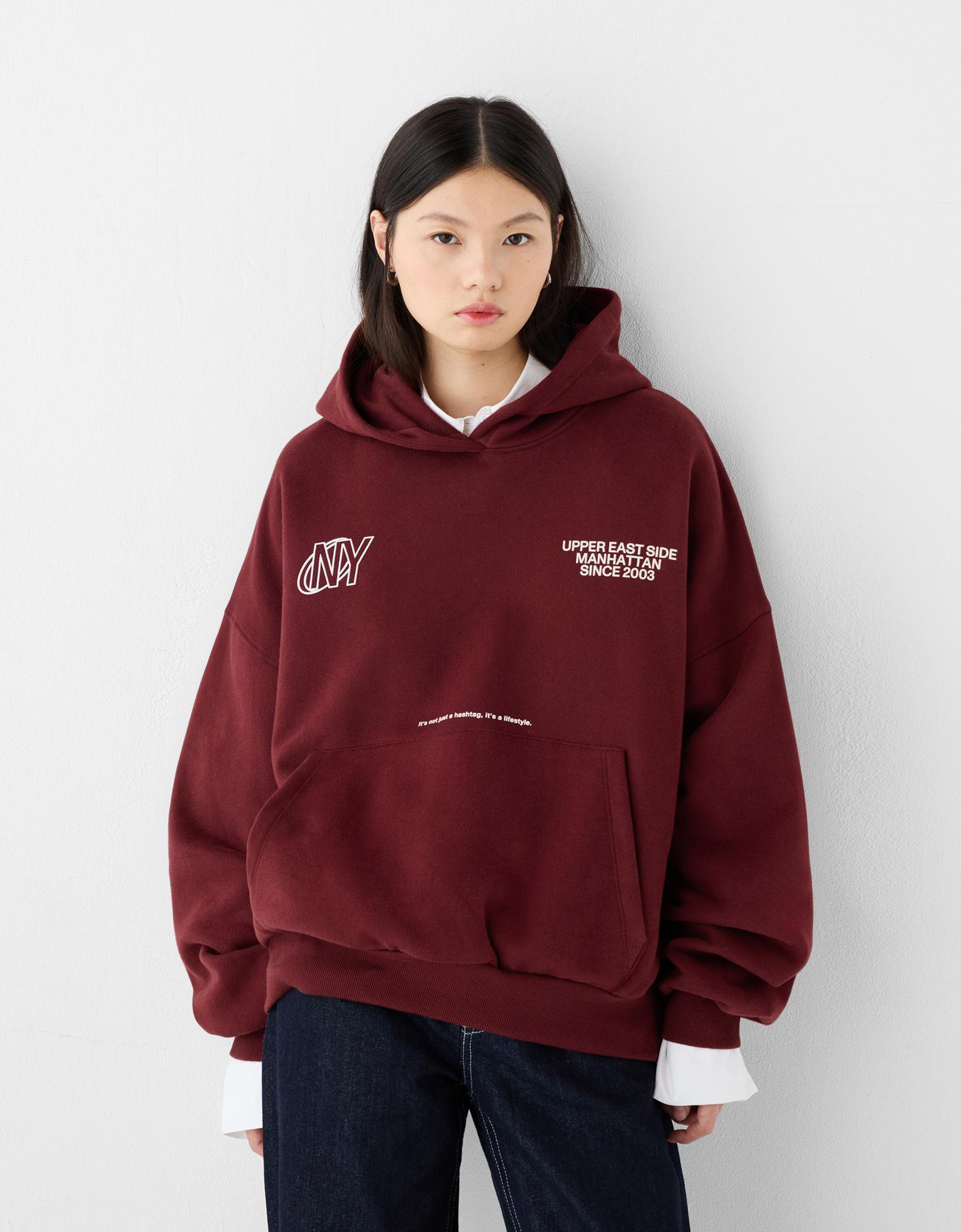 Bershka Hoodie Mit Print Damen 10-12 Bordeaux günstig online kaufen