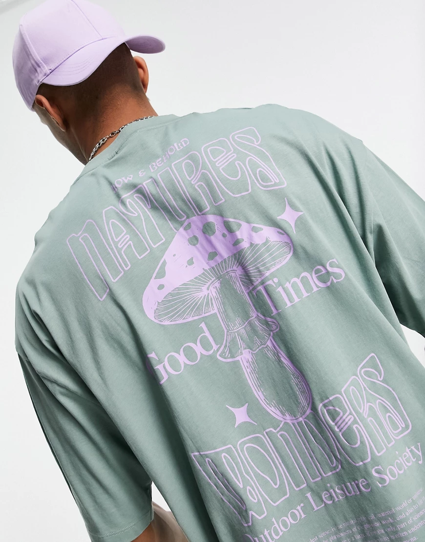 ASOS DESIGN – Oversize-T-Shirt aus Bio-Baumwollmix in Grau mit Pilz-Aufdruc günstig online kaufen