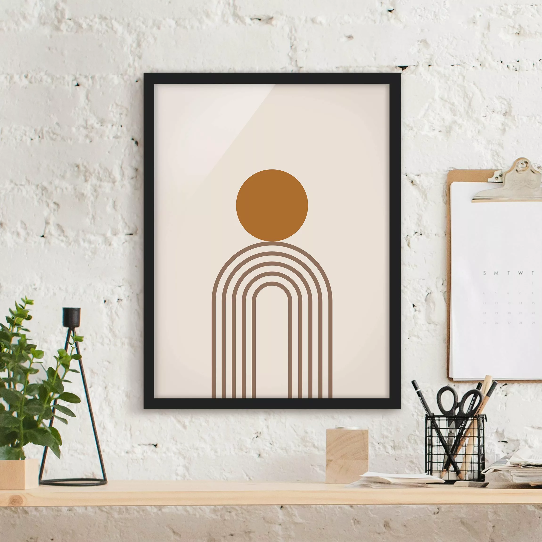 Bild mit Rahmen Abstrakt - Hochformat Line Art Kreis und Linien Kupfer günstig online kaufen
