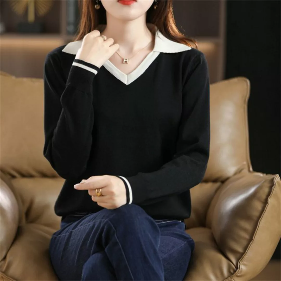 RUZU UG Langarmbluse Damen Langarmshirts Hemd V-Ausschnitt Revers Pullover günstig online kaufen