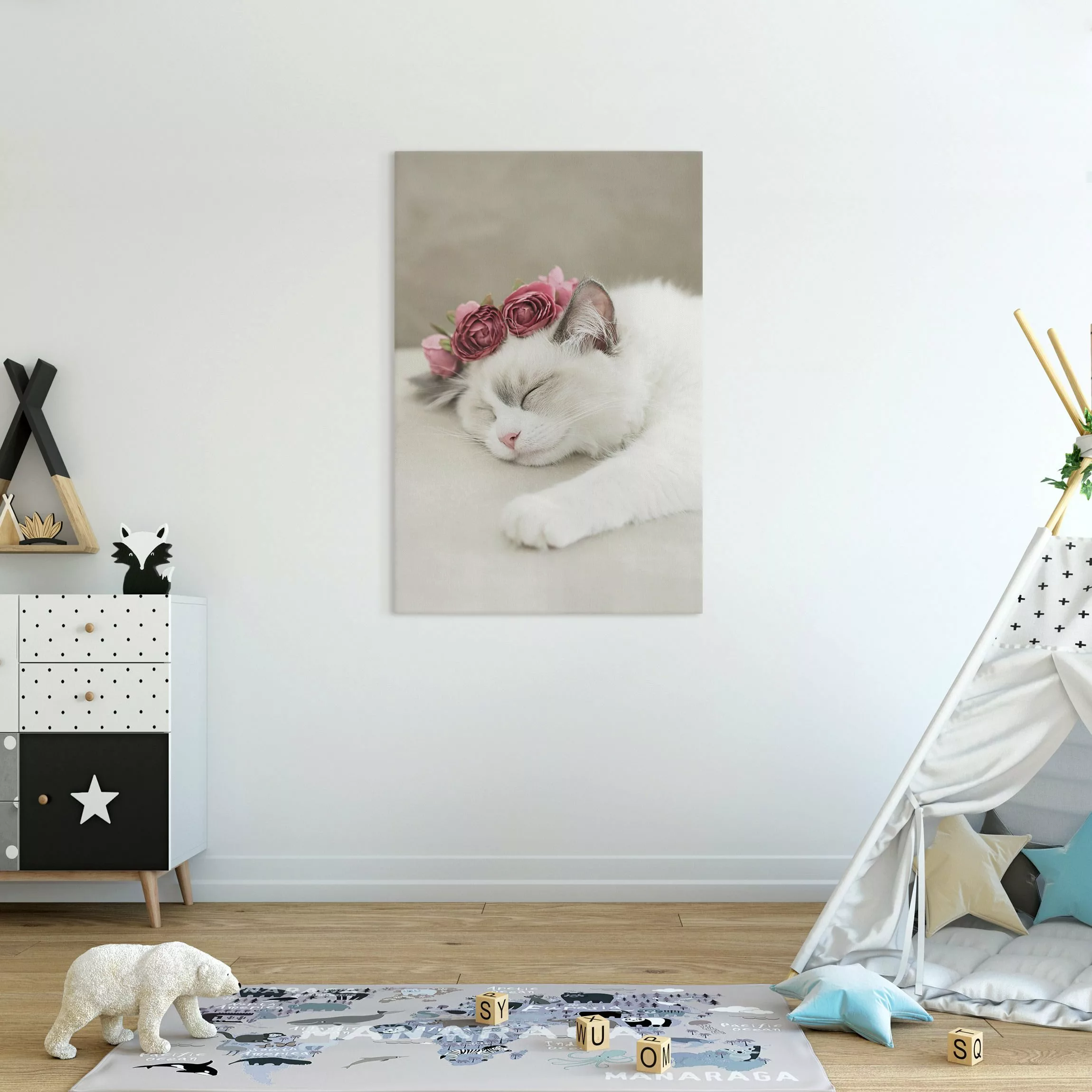 Leinwandbild Schlafende Katze mit Rosen günstig online kaufen