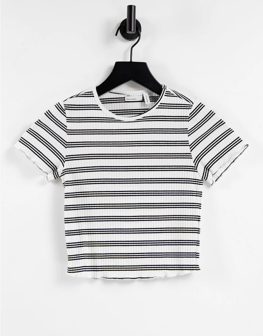 ASOS DESIGN – Kurzes, gestreiftes T-Shirt in Weiß und Schwarz mit gekräusel günstig online kaufen
