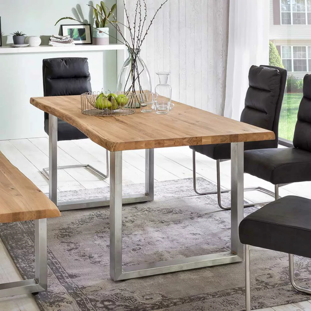 Bügelgestell Tisch im Industry und Loft Stil Eiche Massivholz und Edelstahl günstig online kaufen