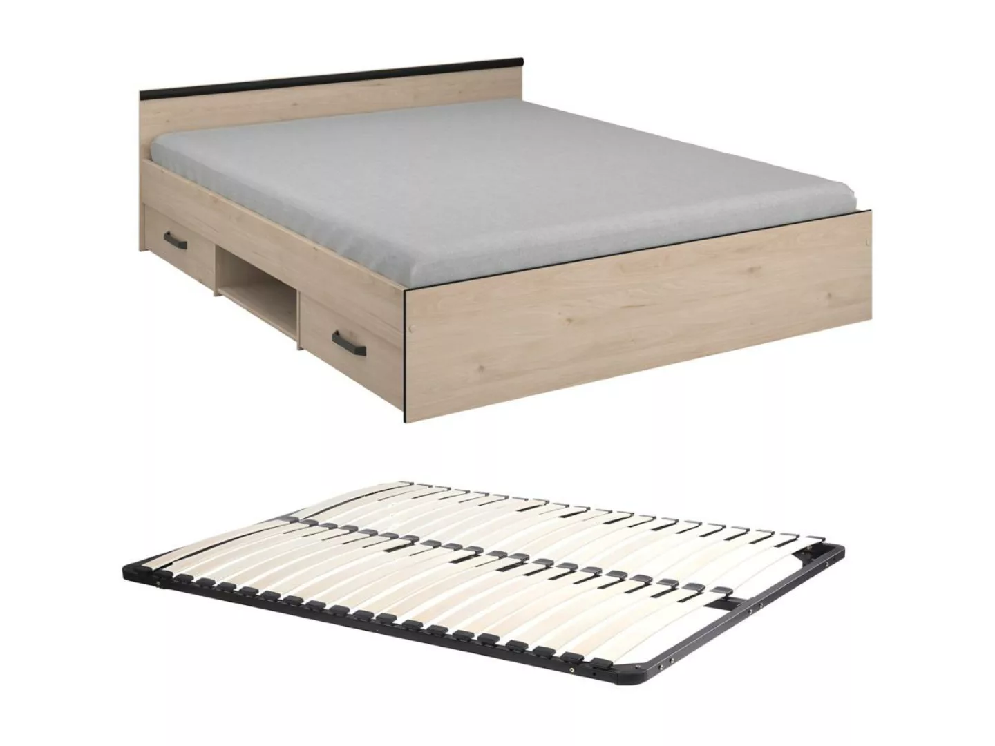 Bett mit Stauraum 160 x 200 cm - 2 Schubladen & 1 Ablagefach - Holzfarben + günstig online kaufen