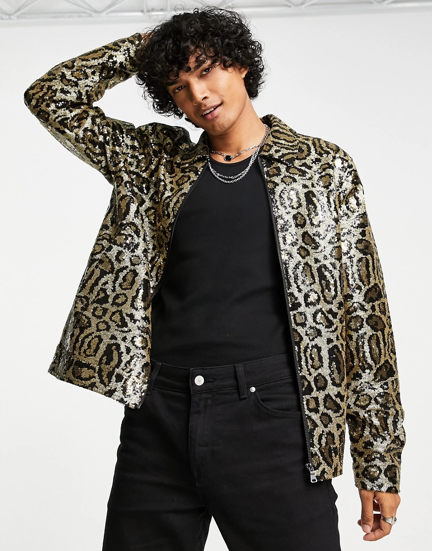 ASOS DESIGN – Pallettenbesetzte Harrington-Jacke in Gold mit Animal-Print-G günstig online kaufen