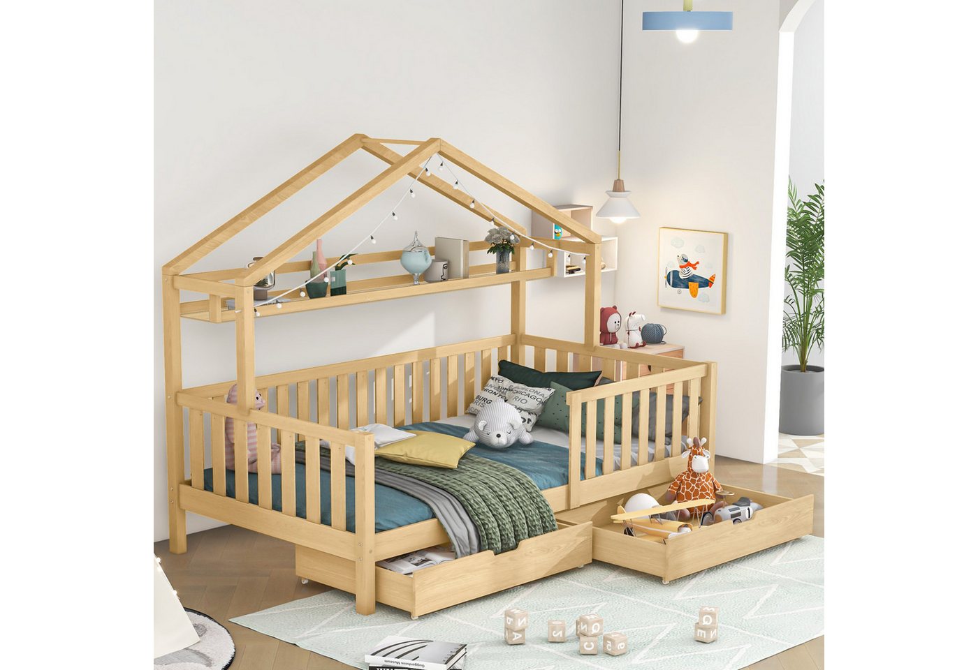 SeedWave Hausbett Kinderbett aus Massivholz, Bodenbett mit 2 Schublade 90x2 günstig online kaufen