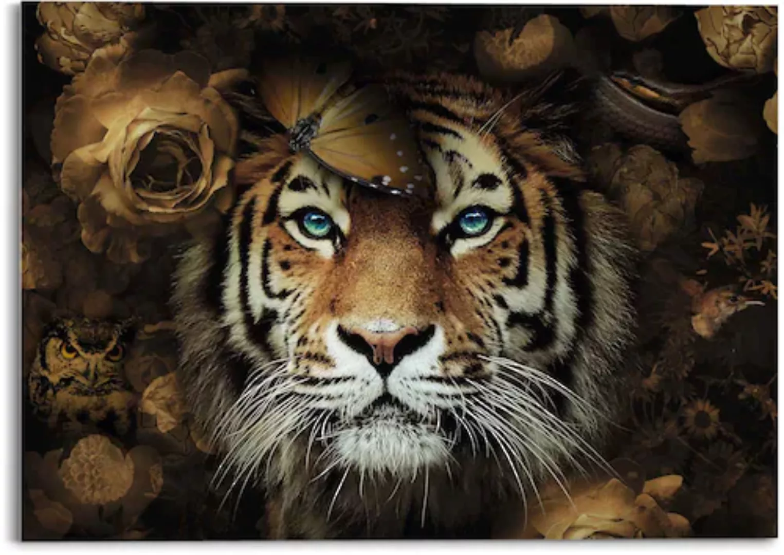 Reinders! Glasbild »Glasbild Tiger Tierreich - Blumen - Herbstfarben - Blau günstig online kaufen