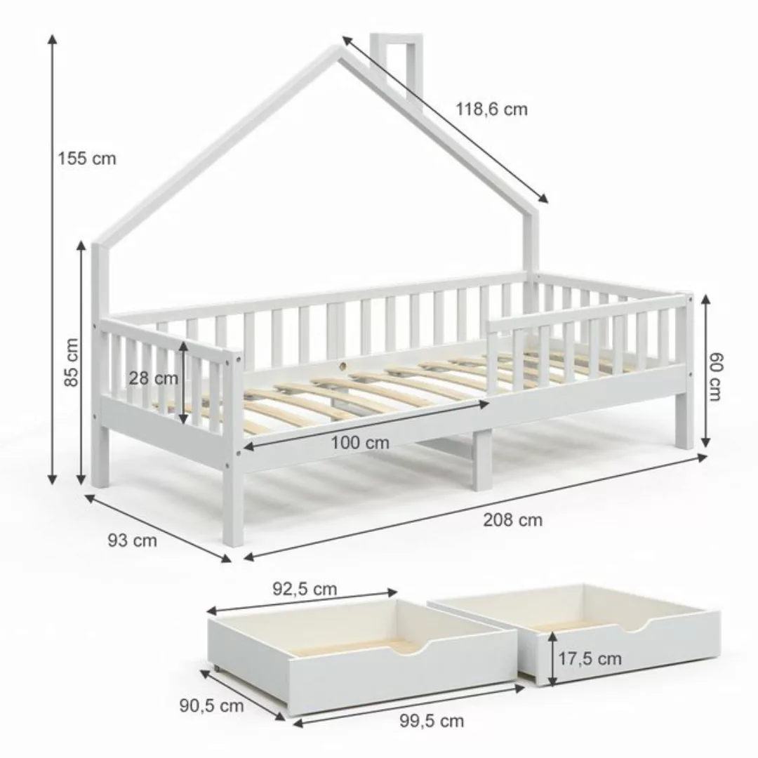VitaliSpa® Hausbett Kinderbett Spielbett Noemi 90x200cm Weiß Matratze Schub günstig online kaufen