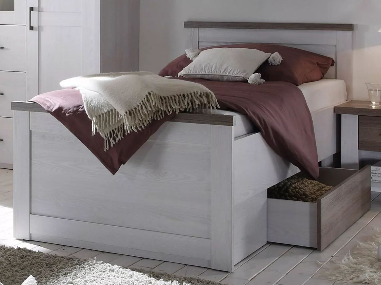möbelando Bett Lebbie, Modernes Bett aus Spanplatte in Pinie Weiß Nachbildu günstig online kaufen