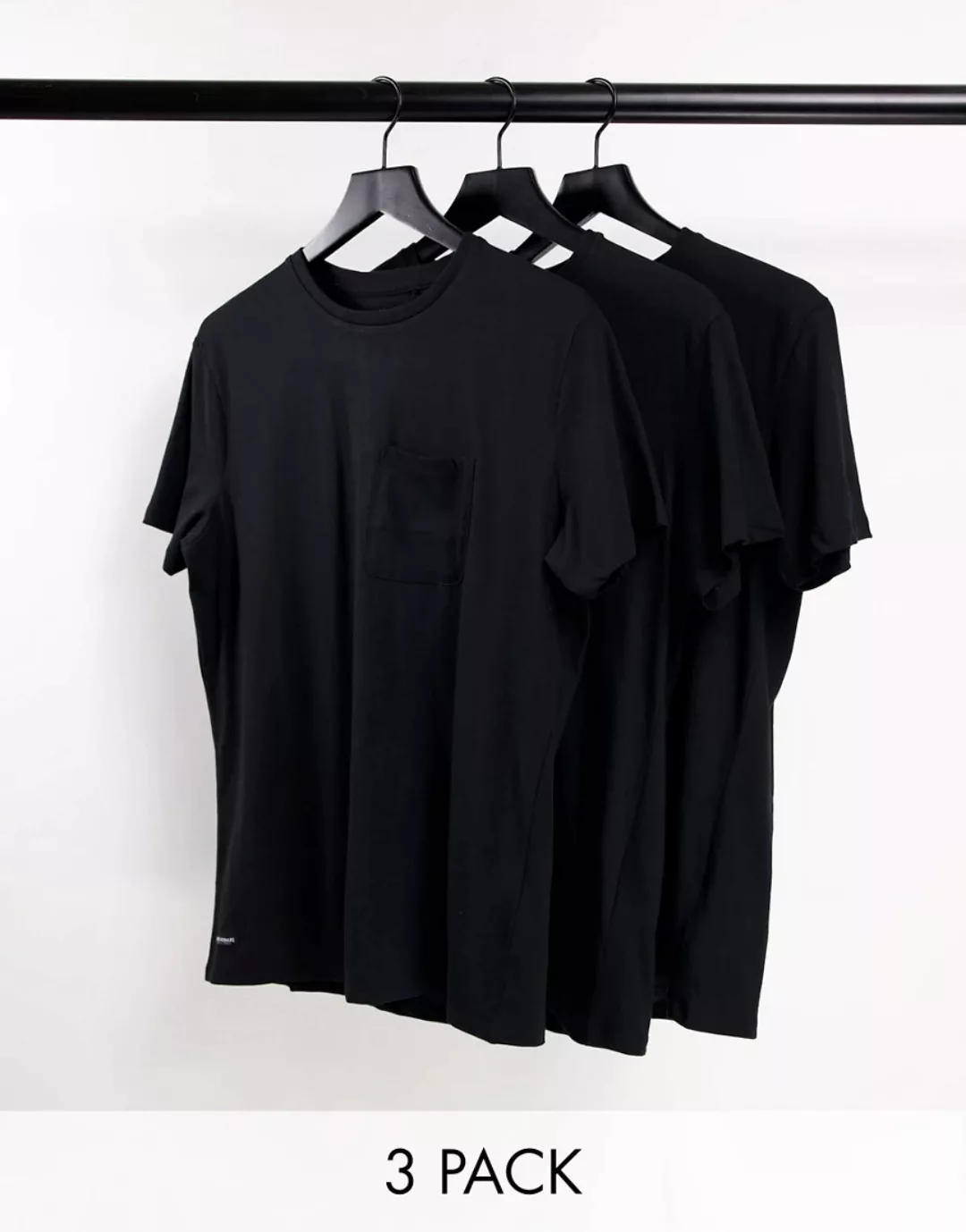 Threadbare – 3er-Pack T-Shirts in Schwarz mit Brusttasche günstig online kaufen