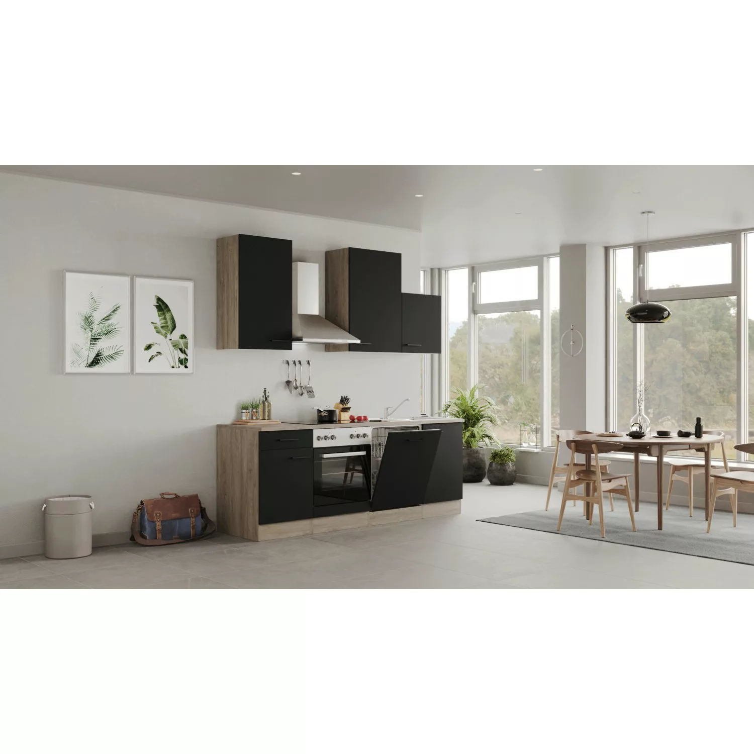 Flex-Well Exclusiv Küchenzeile Capri 220 cm Schwarz Matt-Endgrain Oak günstig online kaufen