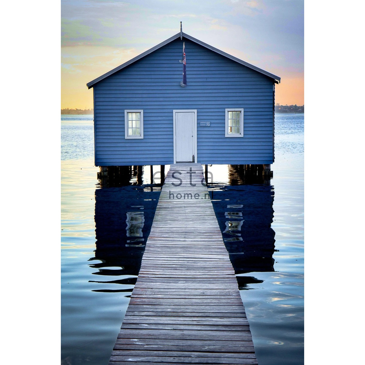 ESTAhome Fototapete Strandhaus-Motiv Blau Grau und Abendrot 186 cm x 2,79 m günstig online kaufen