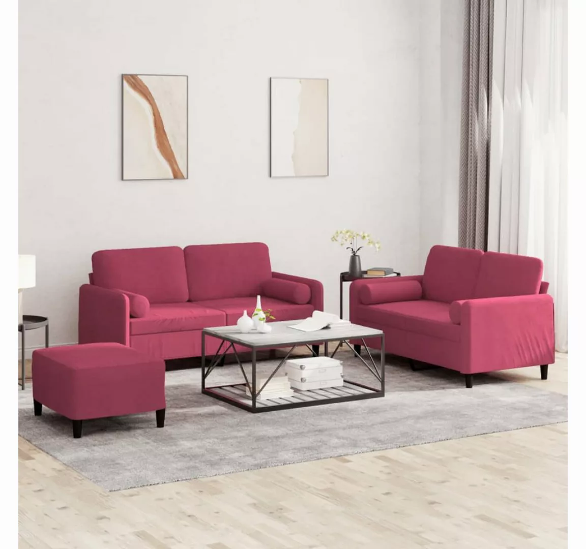 vidaXL Sofa Sofagarnitur Set mit Kissen Samt, 3-tlg., Rot günstig online kaufen