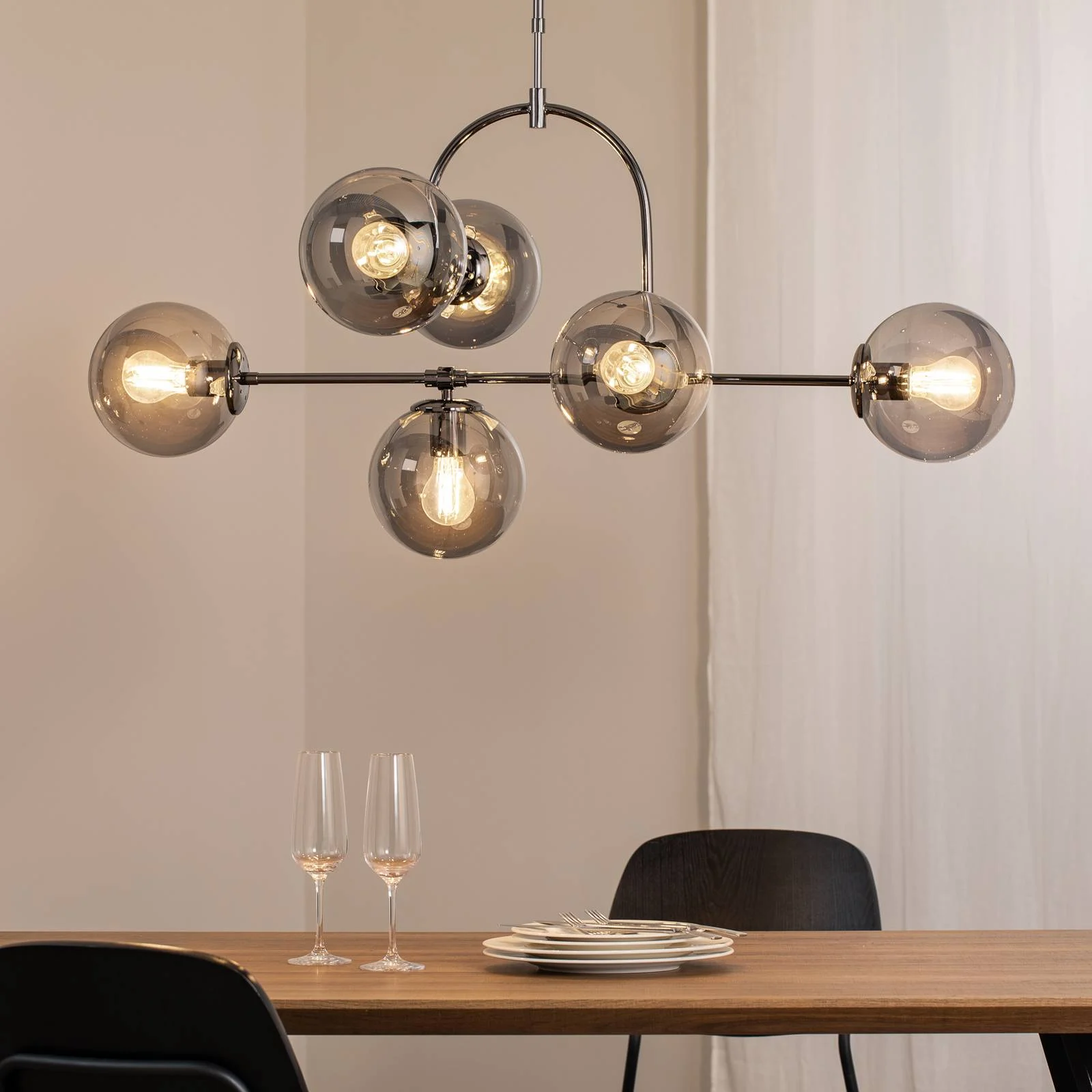 Hängelampe Portemo, rauchgrau/nickel, 104x80 cm, 6-flg. Glas günstig online kaufen
