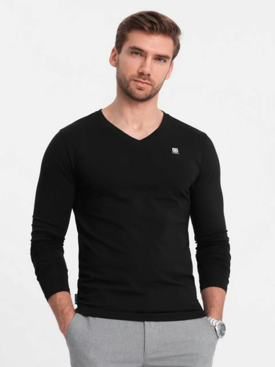 OMBRE Longsleeve Herren-Elastan-Longsleeve mit V-Ausschnitt günstig online kaufen