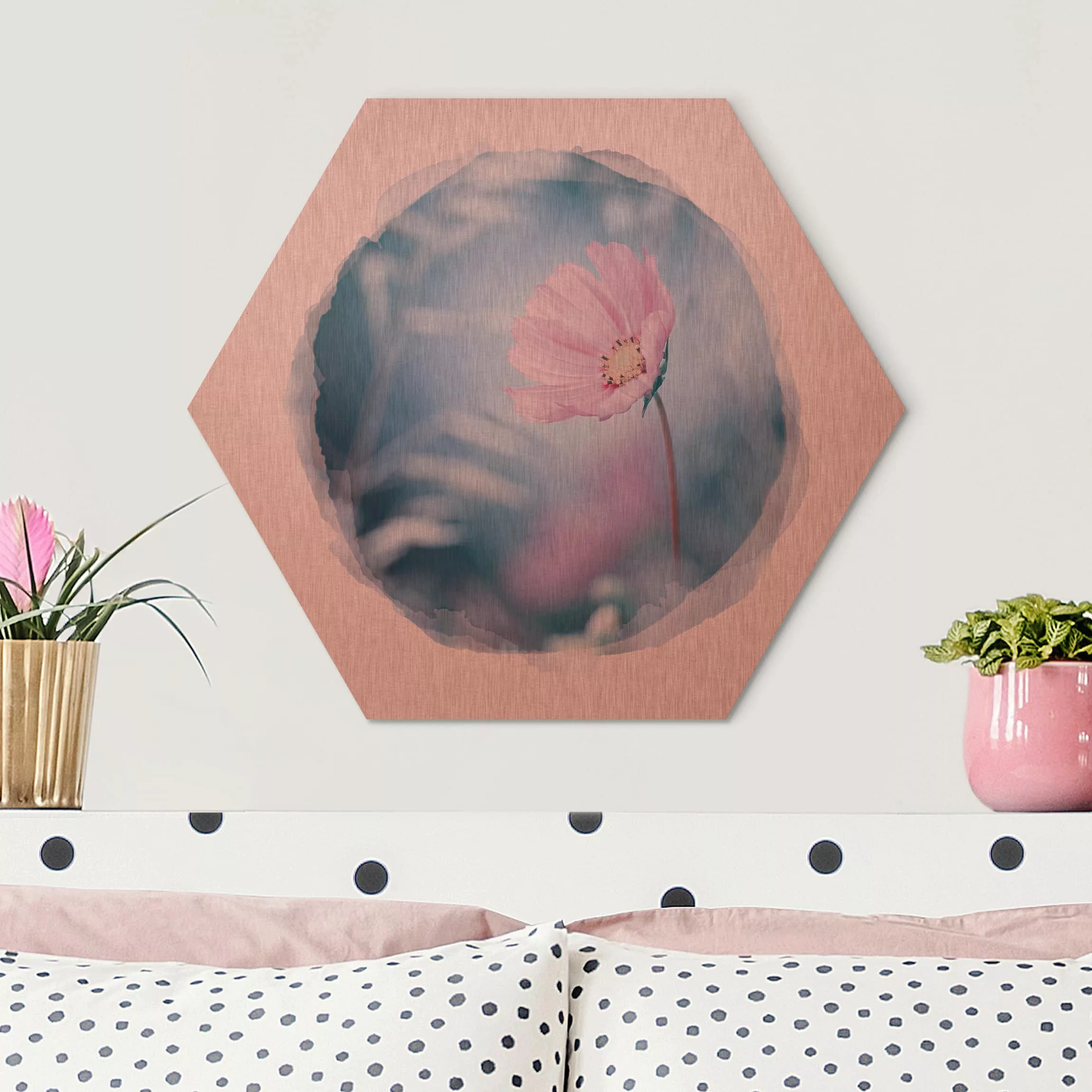 Hexagon-Alu-Dibond Bild Blumen Wasserfarben - Blüte in Pastell günstig online kaufen