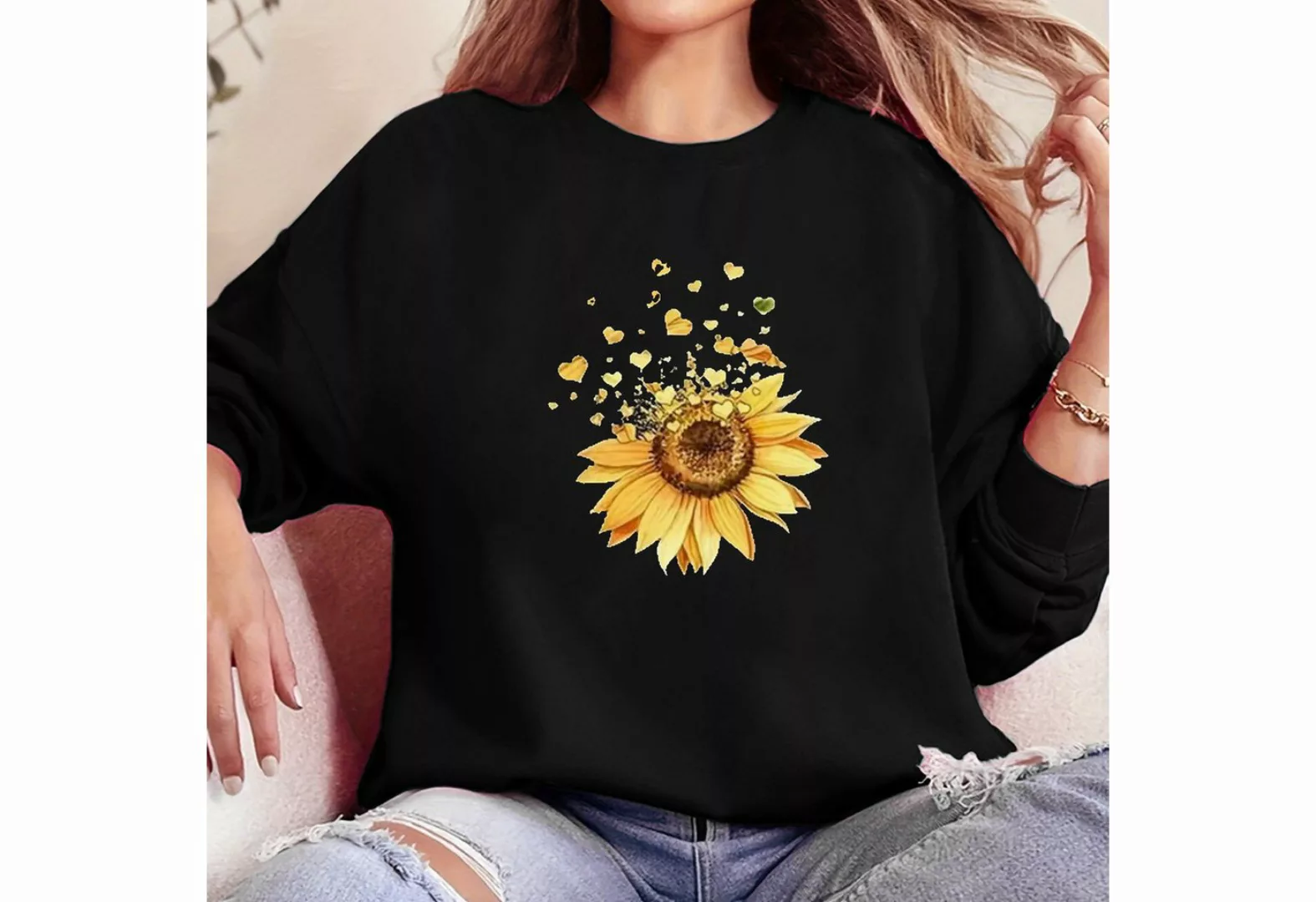 PYL Fleecepullover Damen Wintermode Sweatshirt Sonnenblumendruck Lockerer P günstig online kaufen