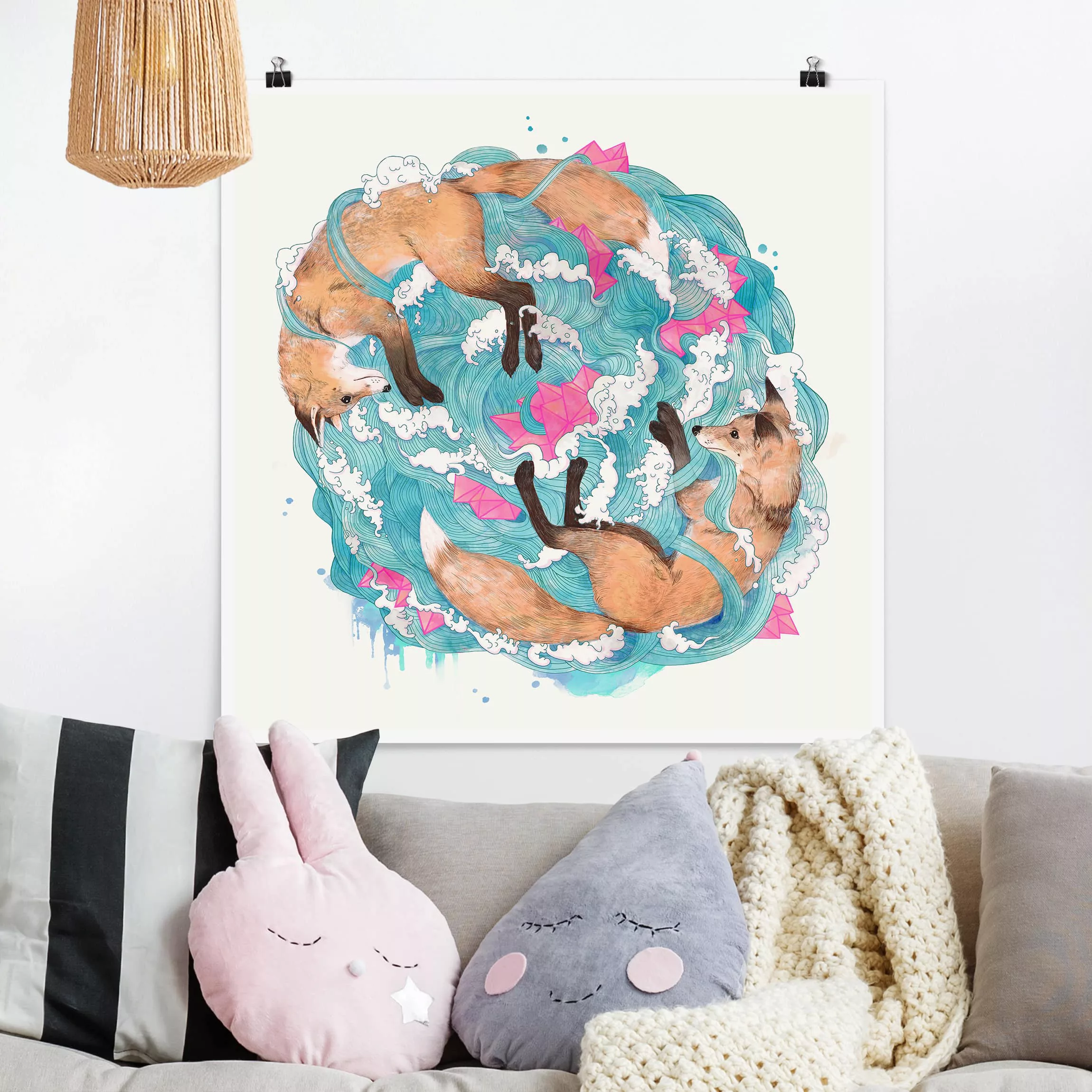 Poster Tiere - Quadrat Illustration Füchse und Wellen Malerei günstig online kaufen