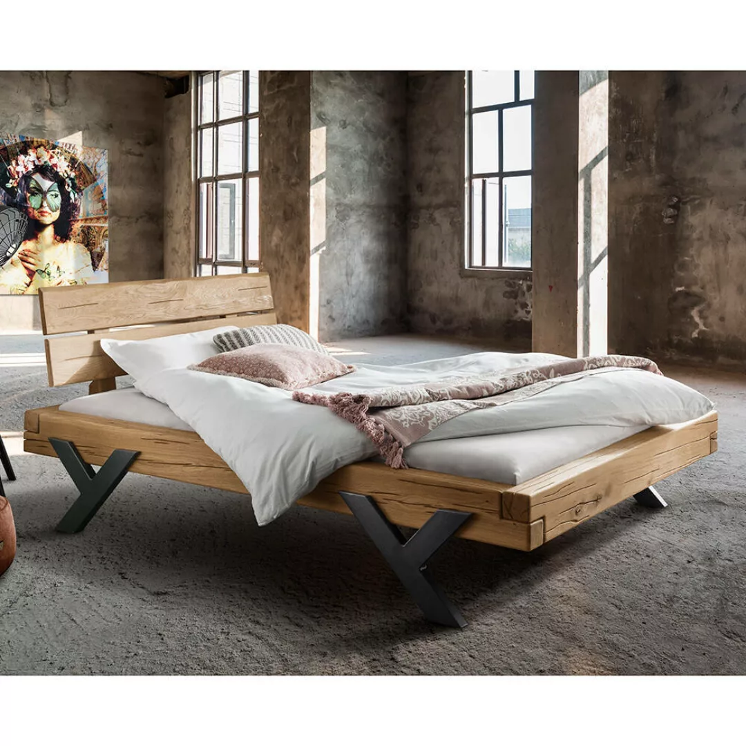 Massivholz Doppelbett, 200x200 cm, Eiche massiv, Holzkopfteil, schwarze Bei günstig online kaufen