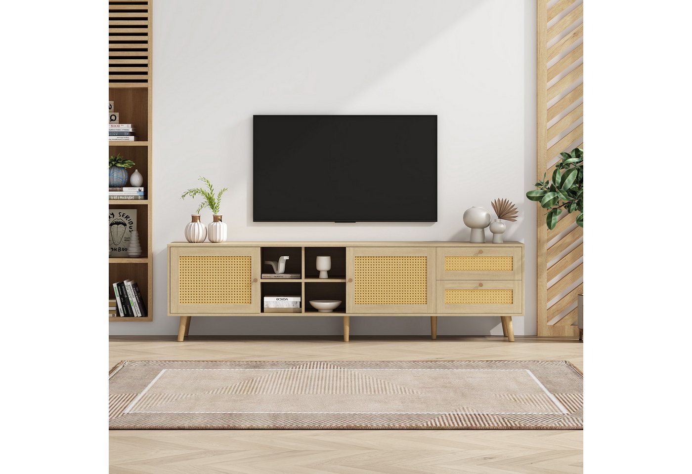 MODFU TV-Schrank Lowboard Fernsehtisch Landhaus (2 Rattan-Türen, 2 Rattan-S günstig online kaufen