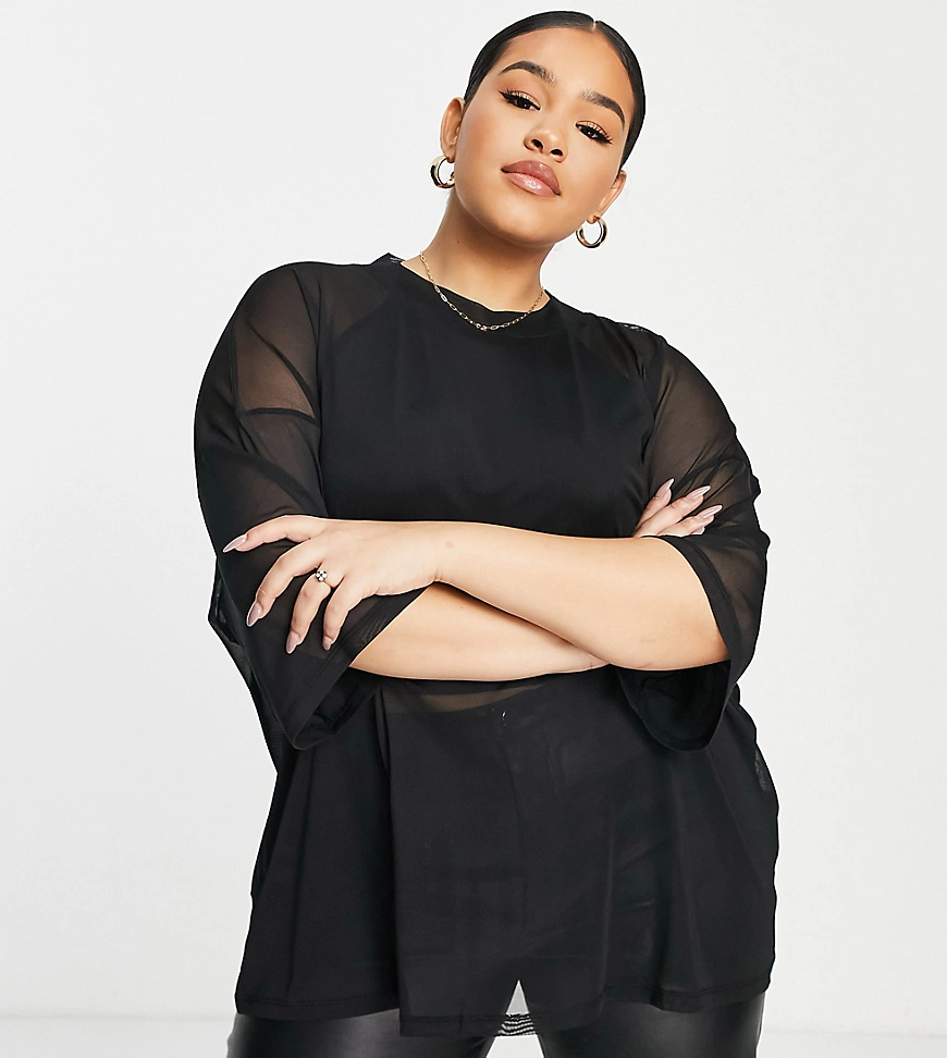 ASOS DESIGN Curve – Exklusives Oversize-T-Shirt aus Netzstoff in Schwarz günstig online kaufen