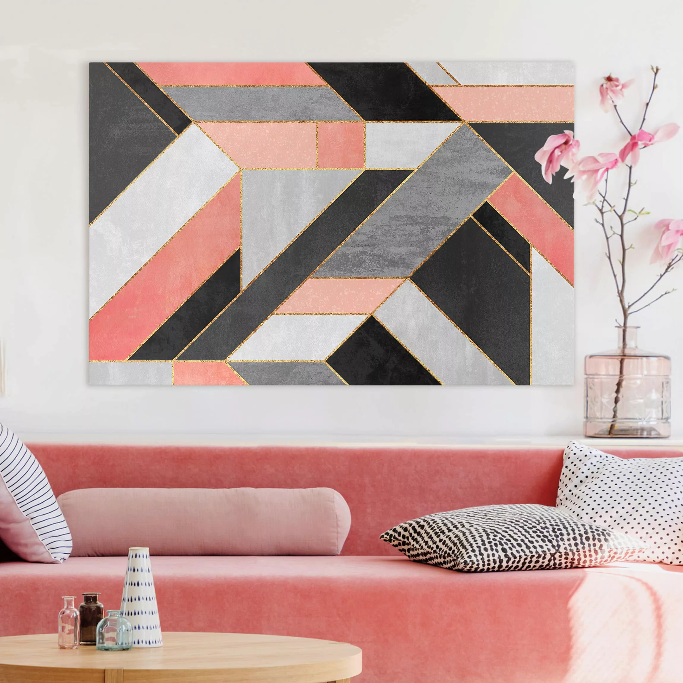 Leinwandbild Abstrakt - Querformat Geometrie Rosa und Gold günstig online kaufen