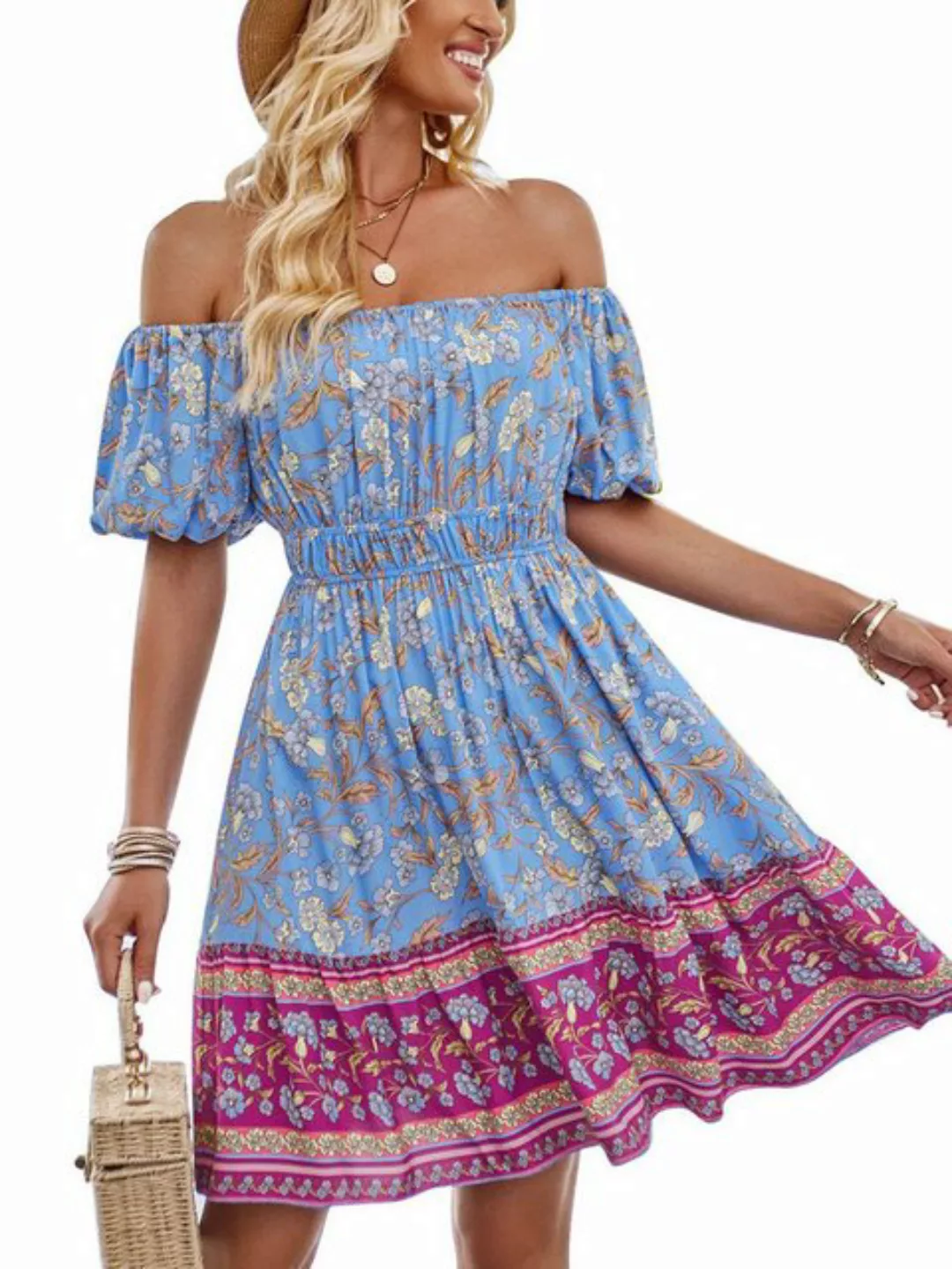 JDMGZSR Druckkleid Sommerkleid mit schmaler, elastischer Taille und Farbblo günstig online kaufen