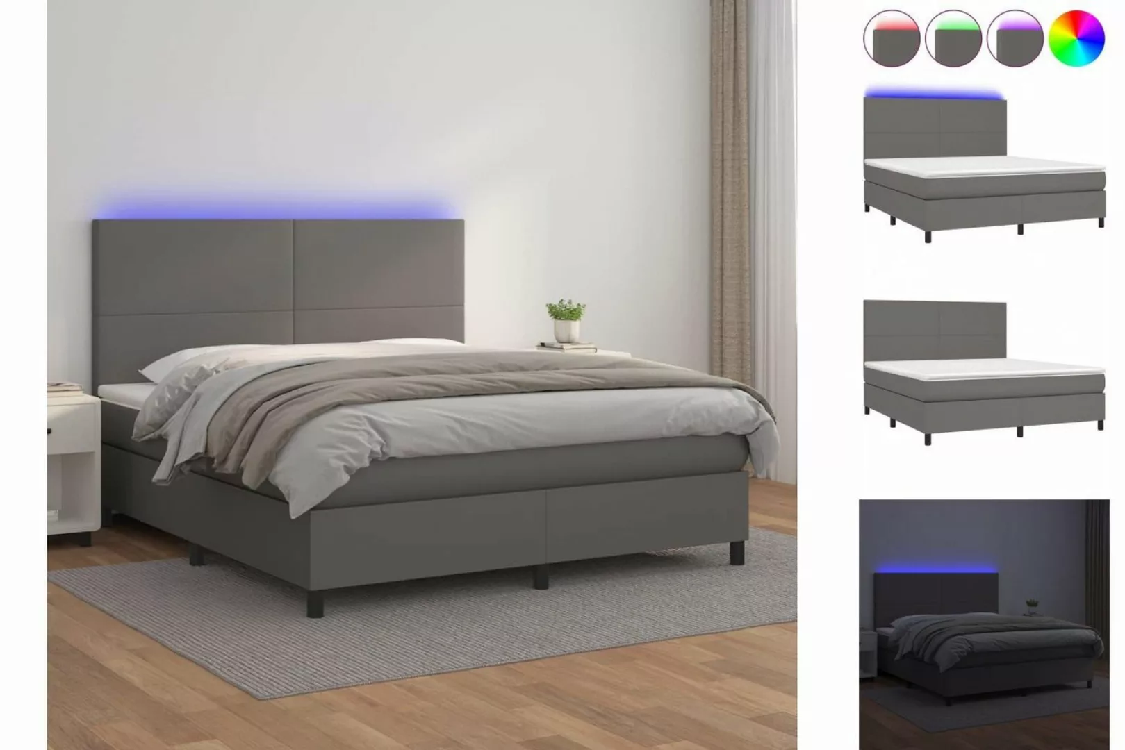 vidaXL Bettgestell Boxspringbett mit Matratze LED Grau 160x200 cm Kunstlede günstig online kaufen