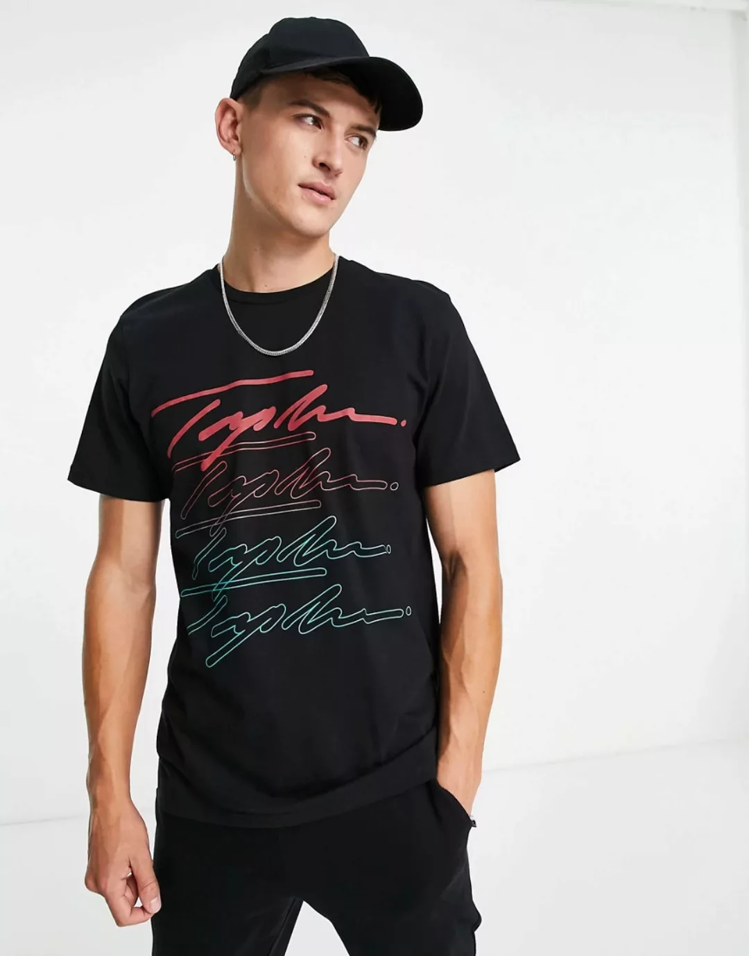 Topman – T-Shirt in Schwarz mit Schriftzug im Farbverlauf-Design günstig online kaufen