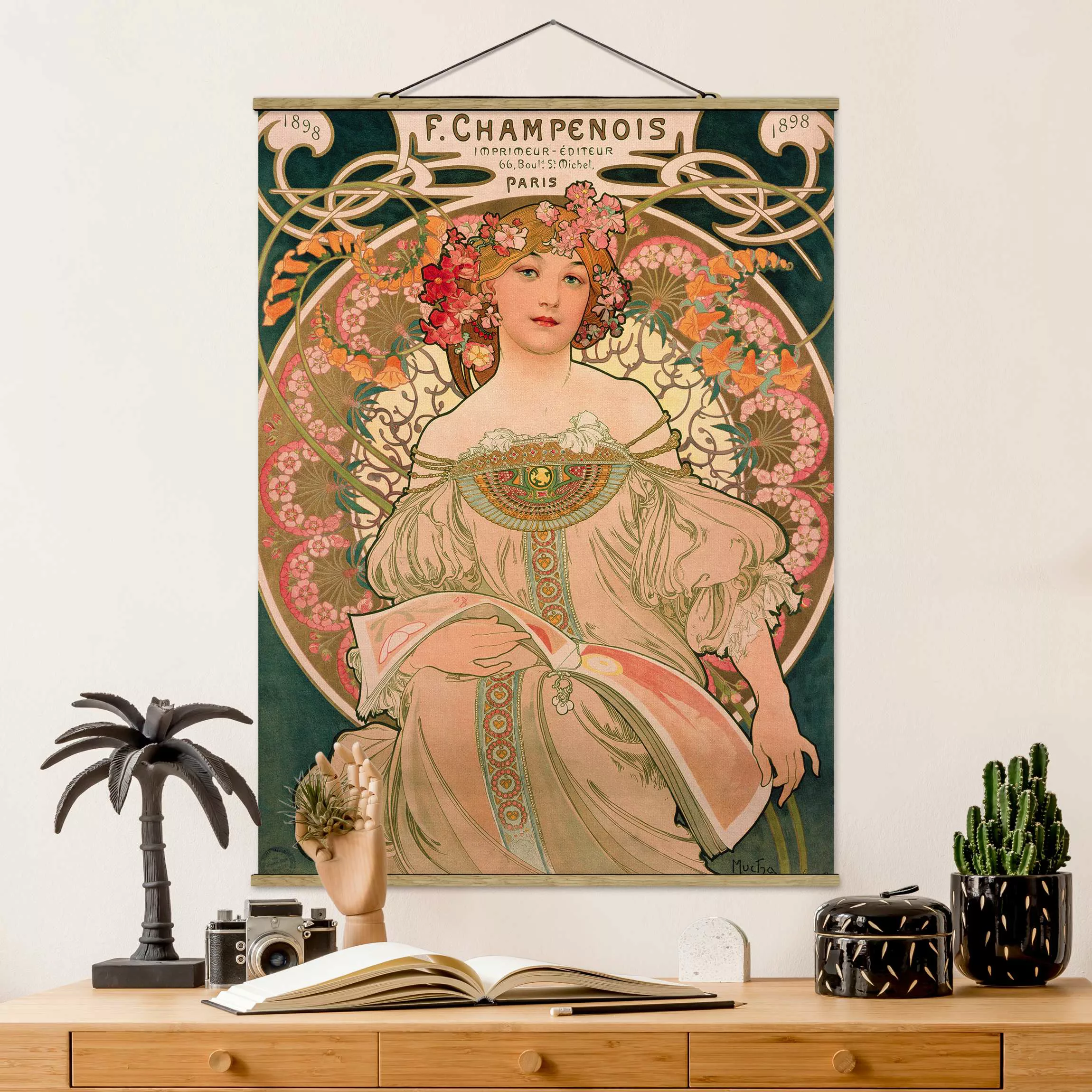 Stoffbild Blumen mit Posterleisten - Hochformat Alfons Mucha - Plakat für F günstig online kaufen