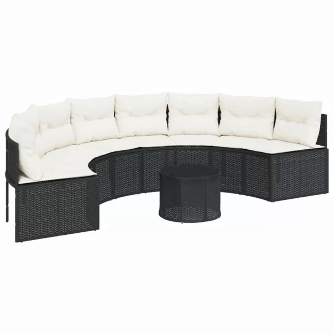 vidaXL Loungesofa Gartensofa mit Tisch und Kissen Halbrund Schwarz Poly-Rat günstig online kaufen